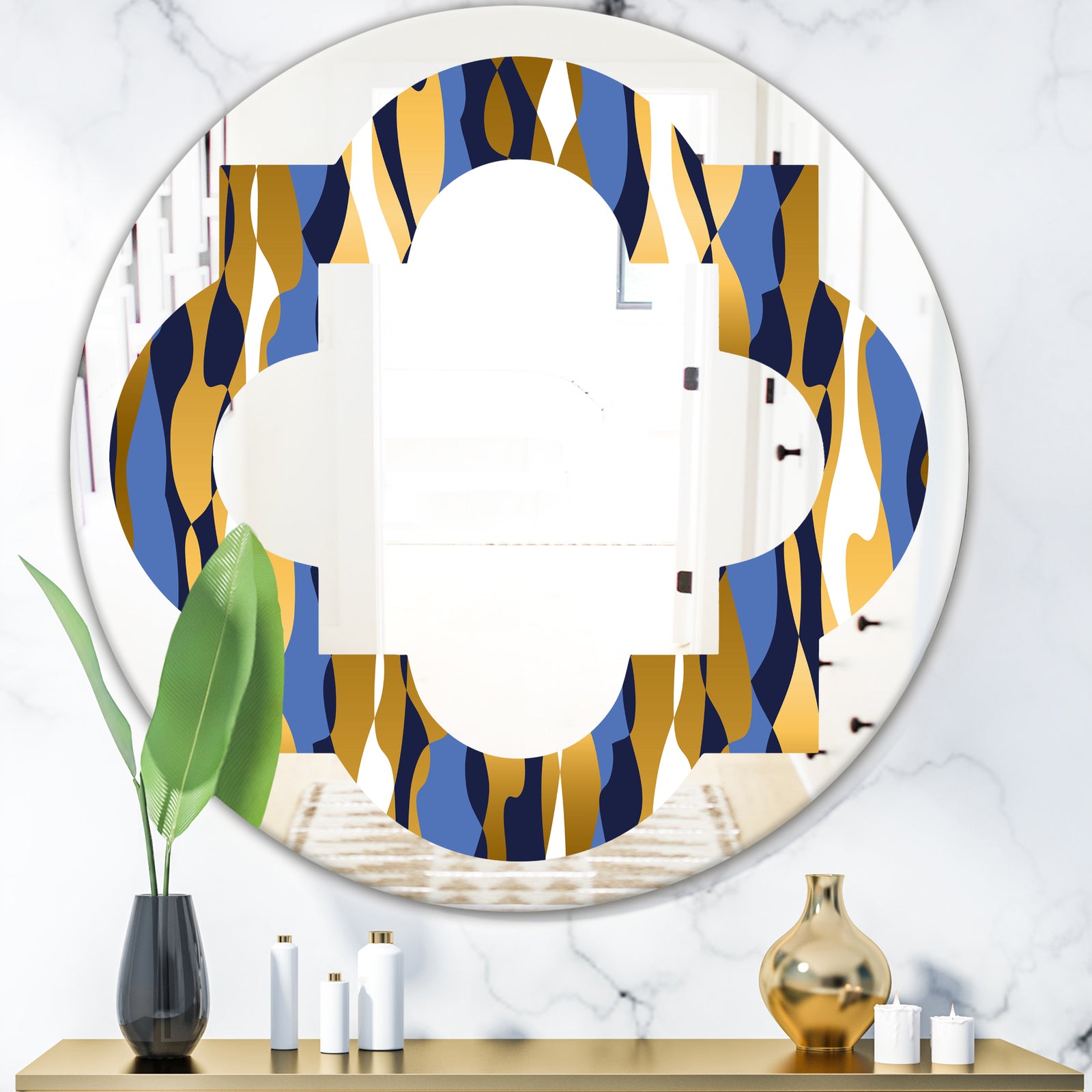 Retro Luxury Waves In Gold and Blue I - Modern Round or Oval Wall Mirror - Quatrefoil