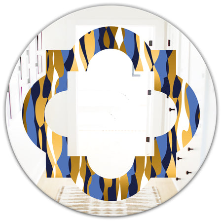 Retro Luxury Waves In Gold and Blue I - Modern Round or Oval Wall Mirror - Quatrefoil