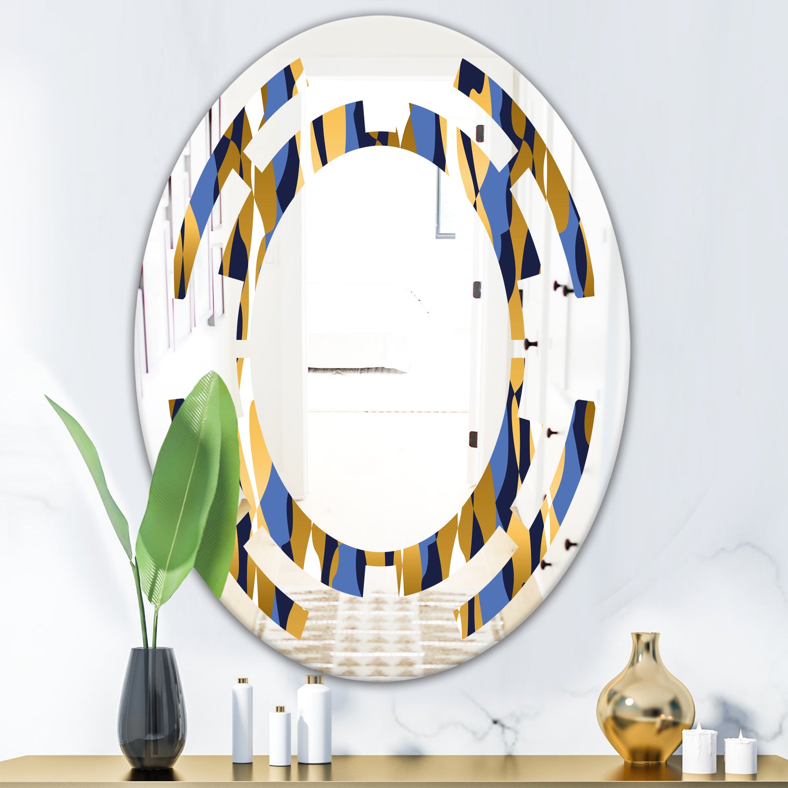 Retro Luxury Waves In Gold and Blue I - Modern Round or Oval Wall Mirror - Space