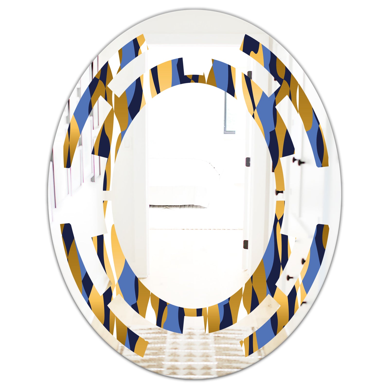 Retro Luxury Waves In Gold and Blue I - Modern Round or Oval Wall Mirror - Space