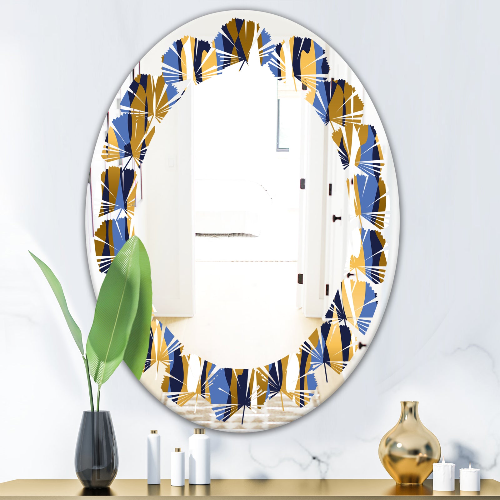 Retro Luxury Waves In Gold and Blue I - Modern Round or Oval Wall Mirror - Leaves