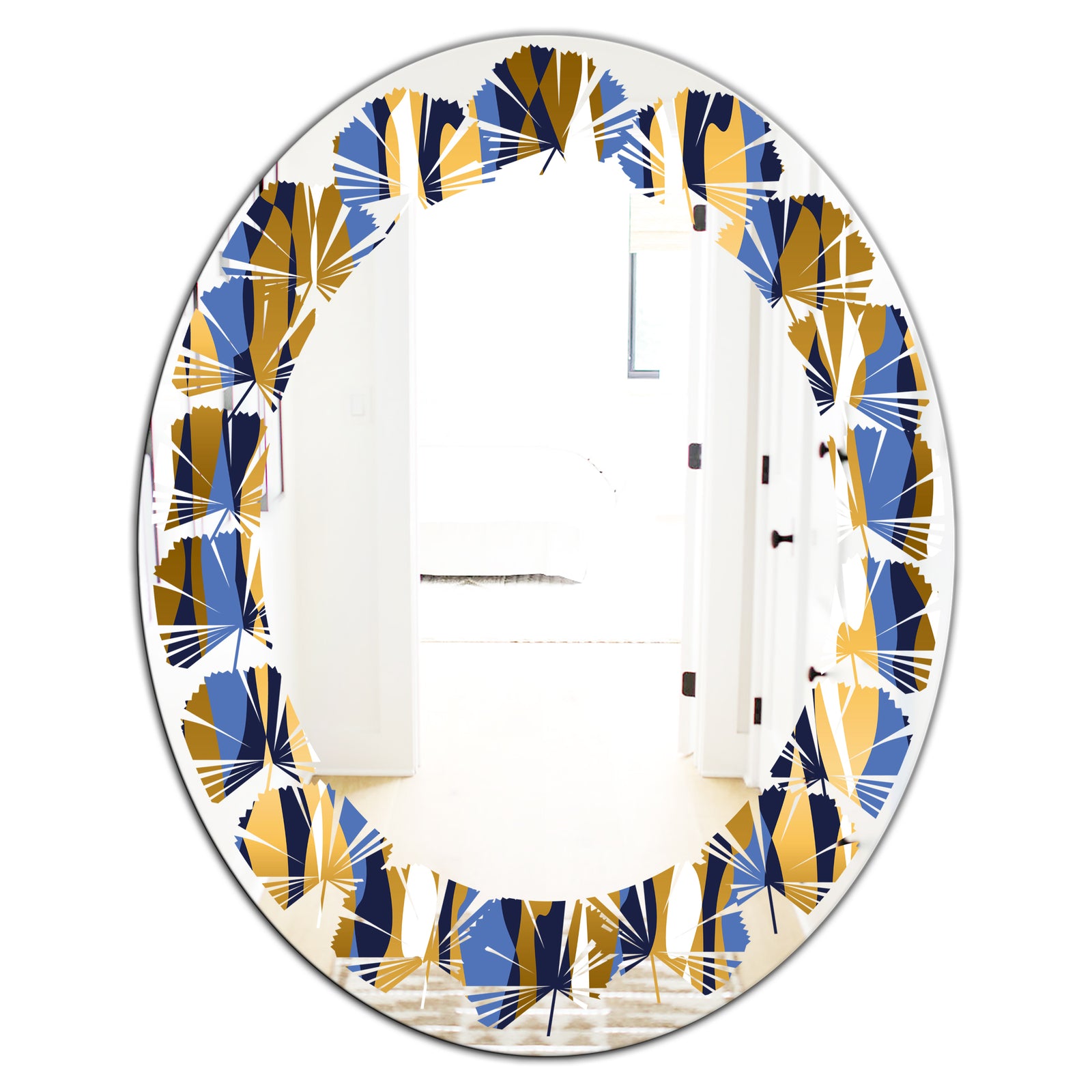 Retro Luxury Waves In Gold and Blue I - Modern Round or Oval Wall Mirror - Leaves