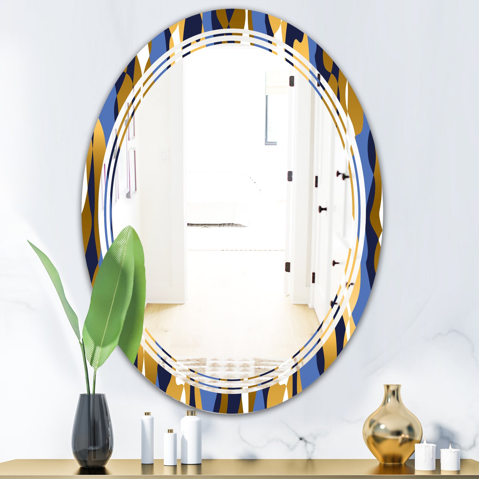 Retro Luxury Waves In Gold and Blue I - Modern Round or Oval Wall Mirror - Triple C