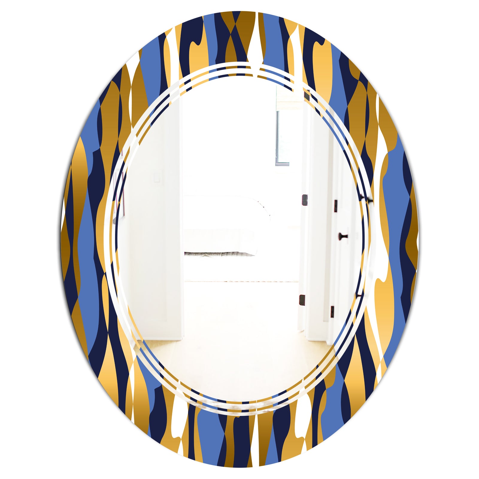 Retro Luxury Waves In Gold and Blue I - Modern Round or Oval Wall Mirror - Triple C