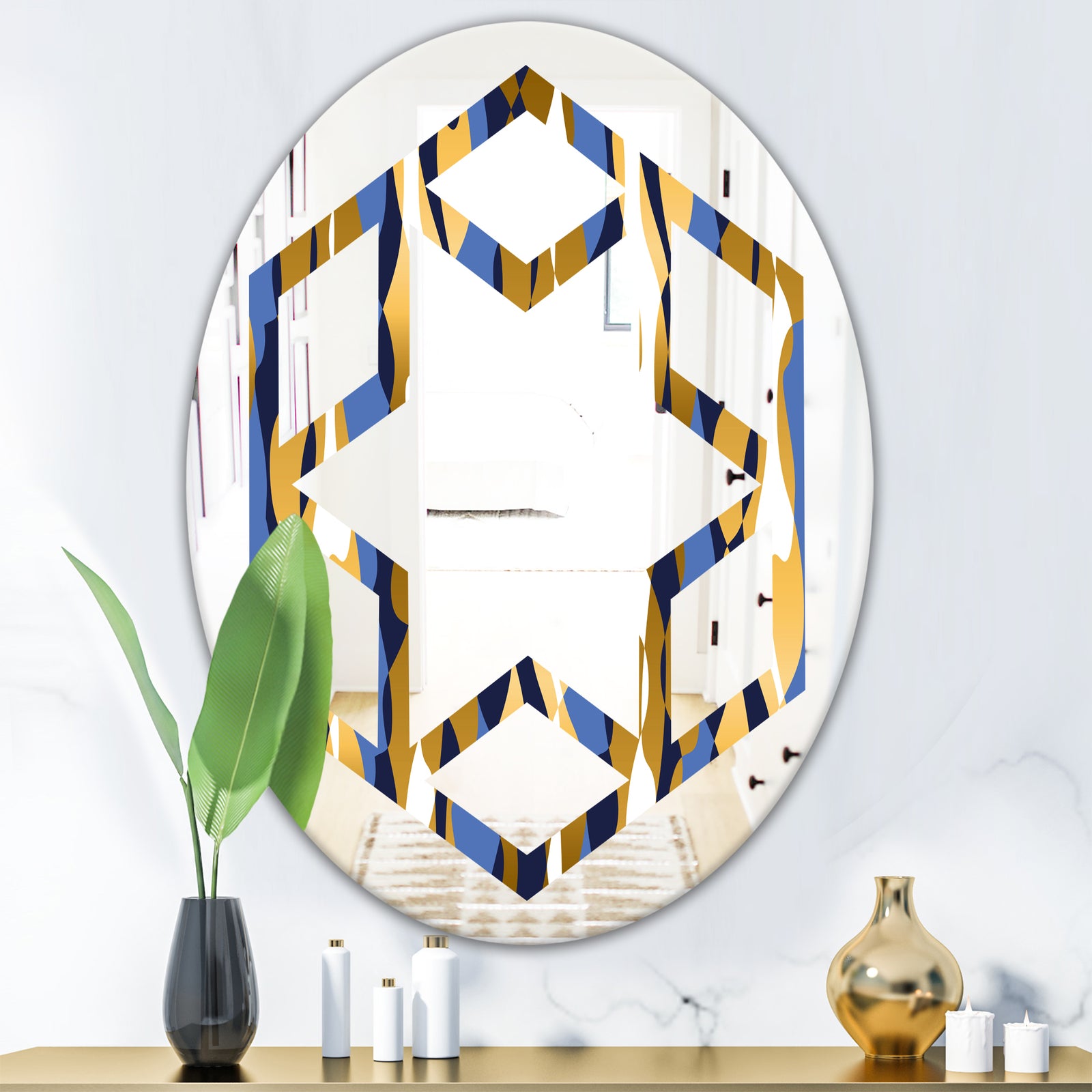 Retro Luxury Waves In Gold and Blue I - Modern Round or Oval Wall Mirror - Hexagon Star
