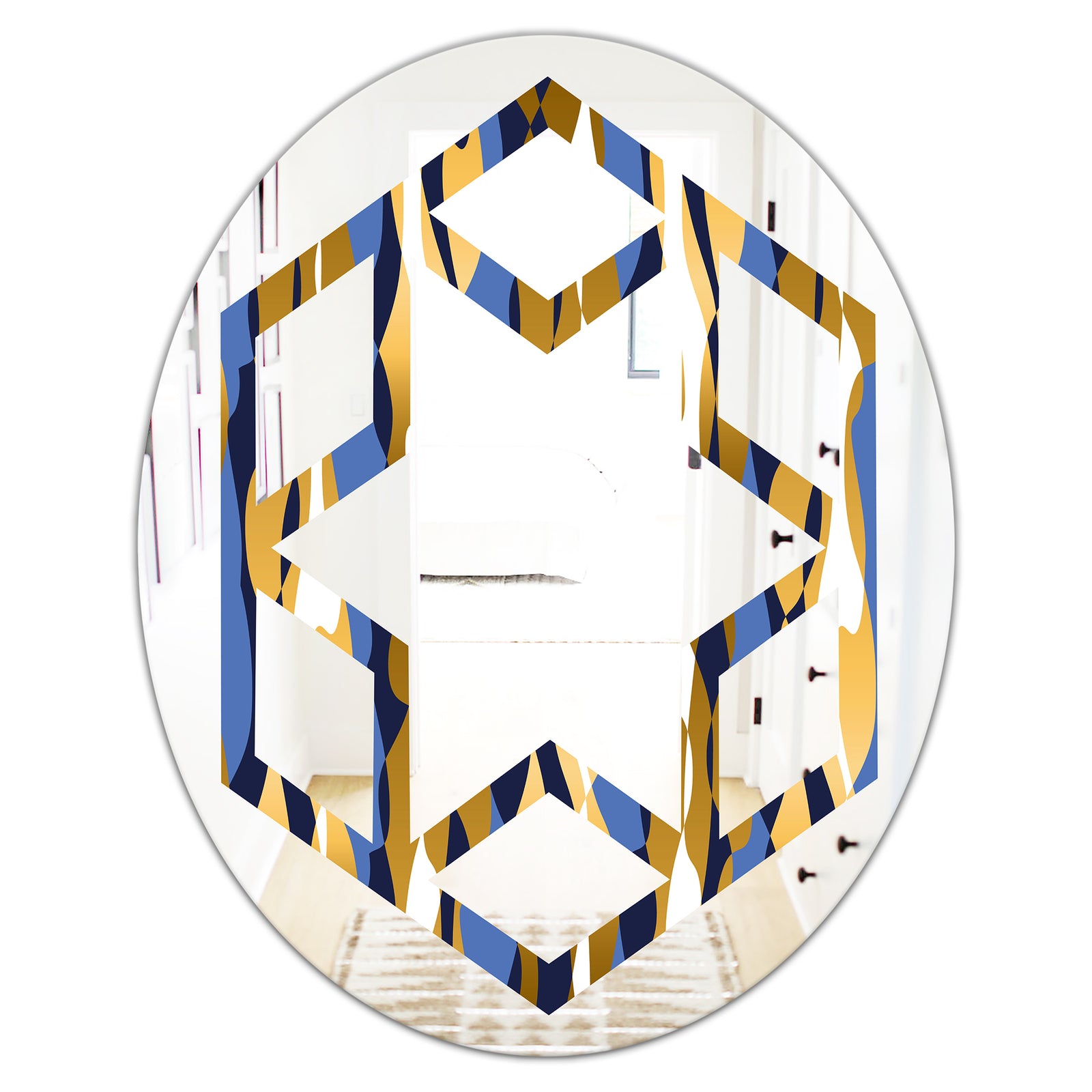Retro Luxury Waves In Gold and Blue I - Modern Round or Oval Wall Mirror - Hexagon Star