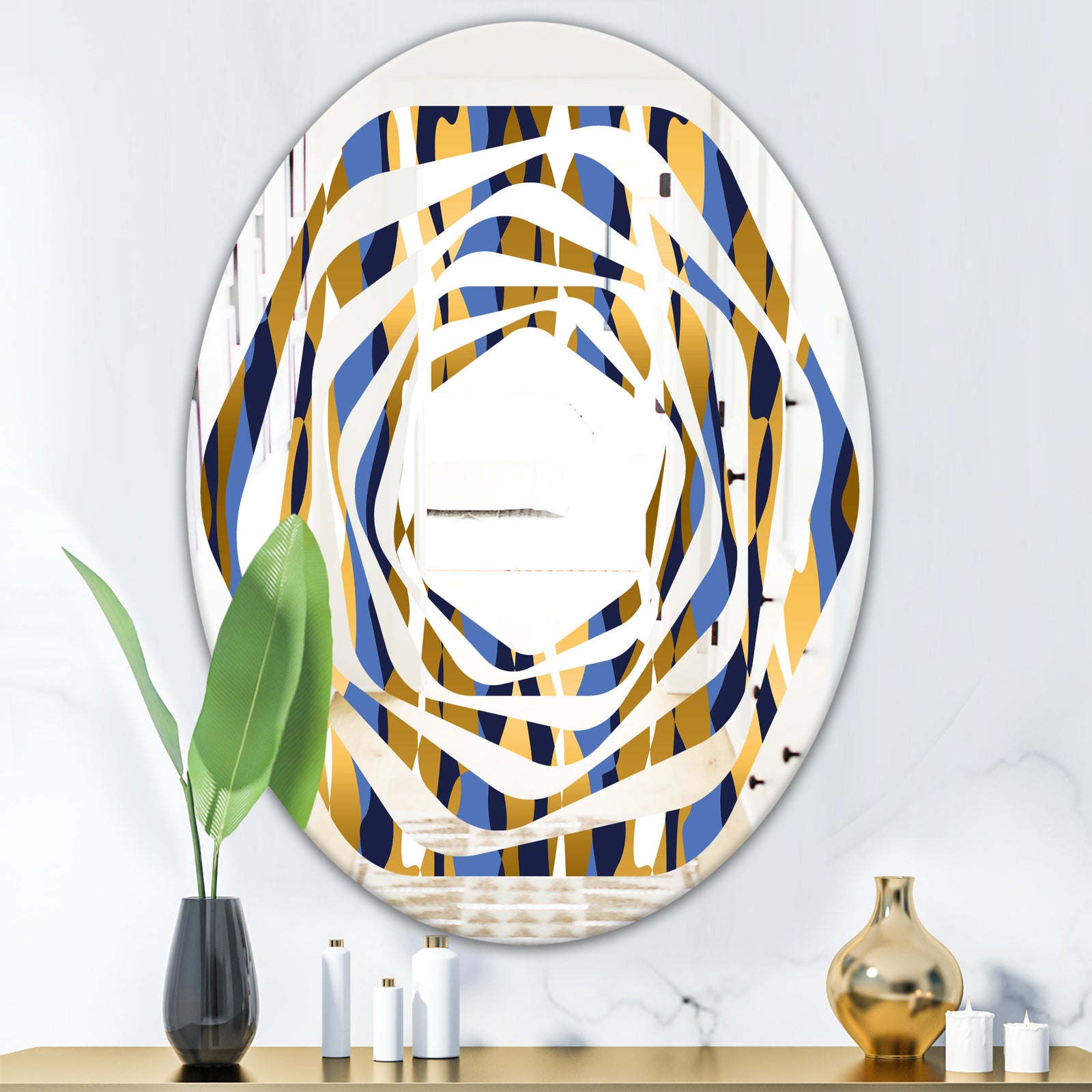 Retro Luxury Waves In Gold and Blue I - Modern Round or Oval Wall Mirror - Whirl