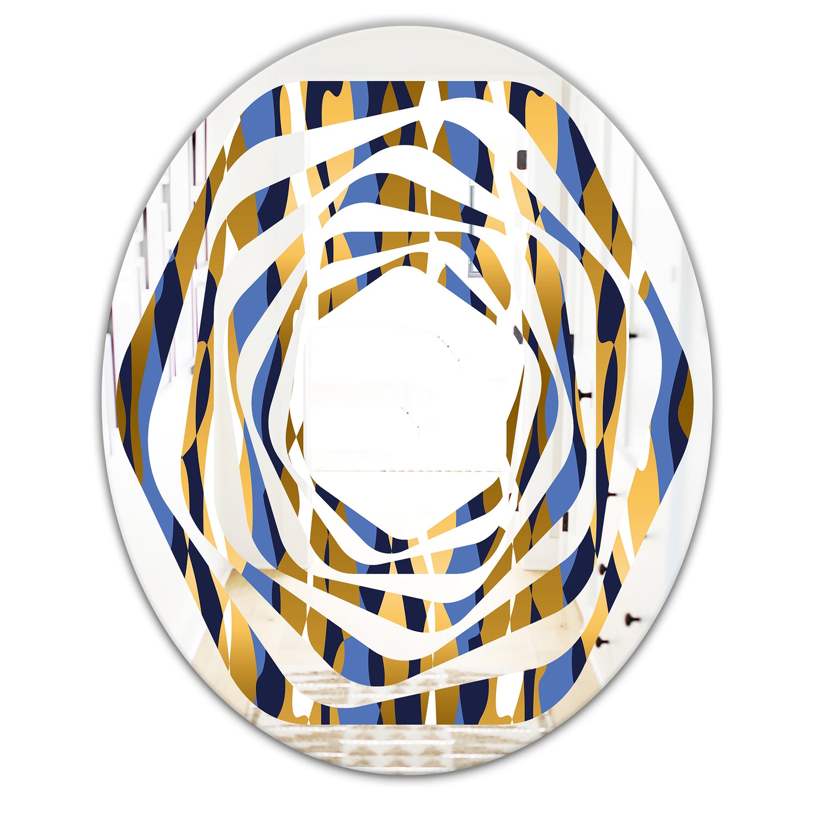 Retro Luxury Waves In Gold and Blue I - Modern Round or Oval Wall Mirror - Whirl
