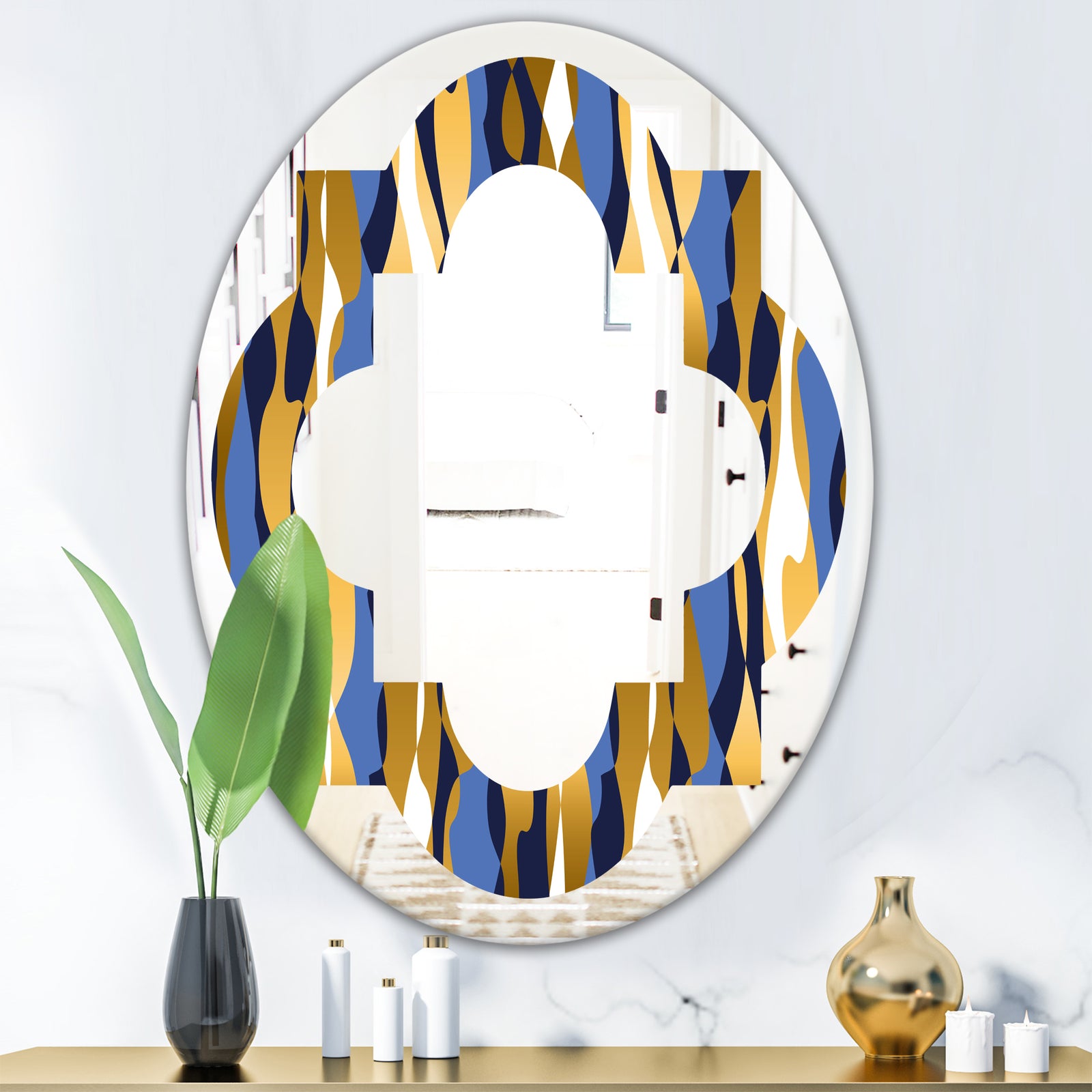 Retro Luxury Waves In Gold and Blue I - Modern Round or Oval Wall Mirror - Quatrefoil