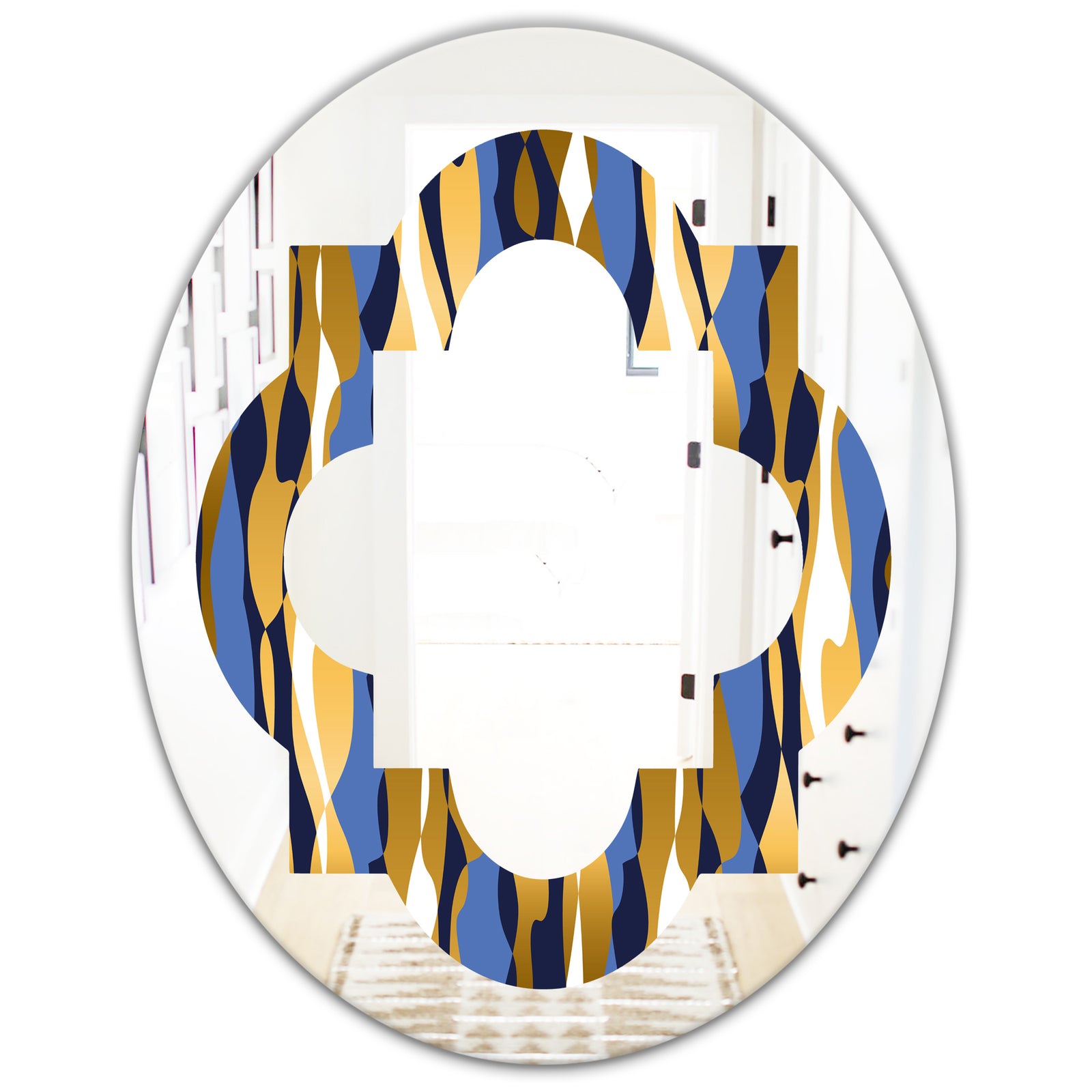 Retro Luxury Waves In Gold and Blue I - Modern Round or Oval Wall Mirror - Quatrefoil