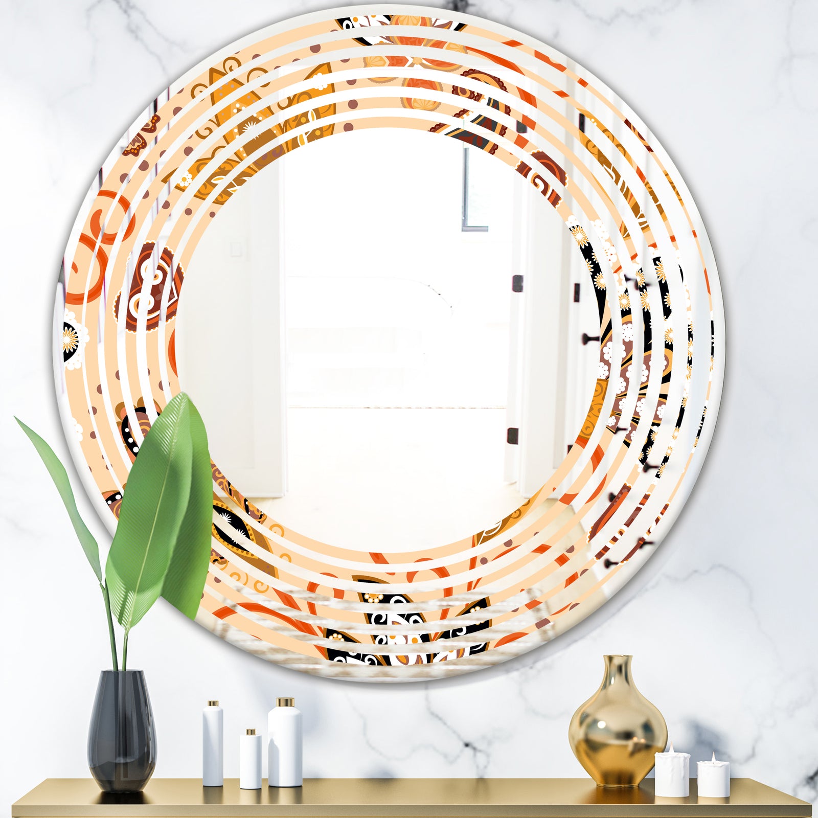 Retro Indian Floral Batik III - Modern Round or Oval Wall Mirror - Wave
