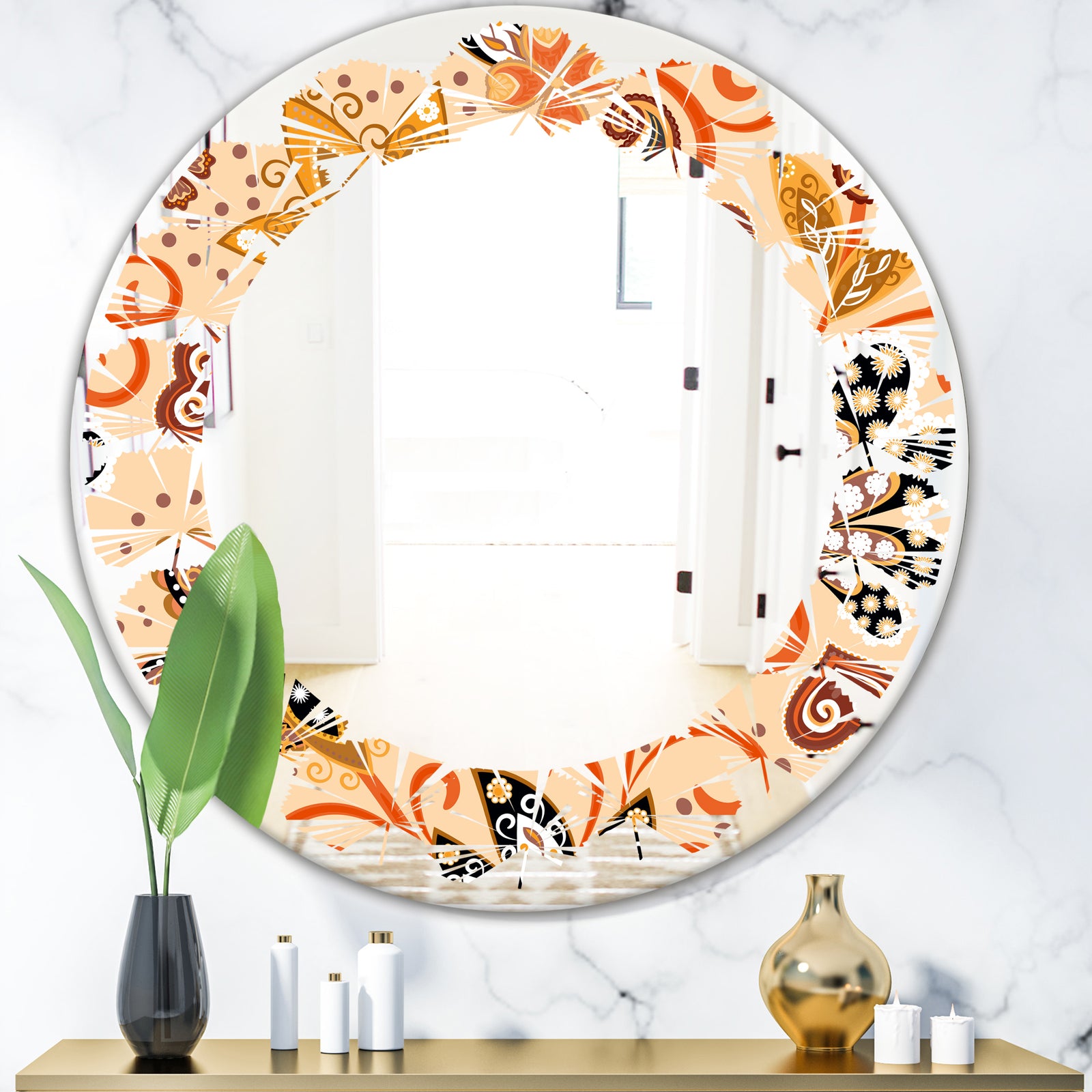 Retro Indian Floral Batik III - Modern Round or Oval Wall Mirror - Leaves