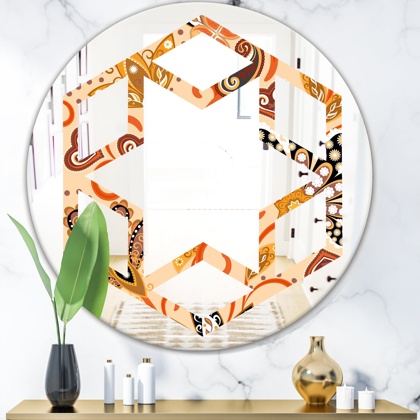 Retro Indian Floral Batik III - Modern Round or Oval Wall Mirror - Hexagon Star