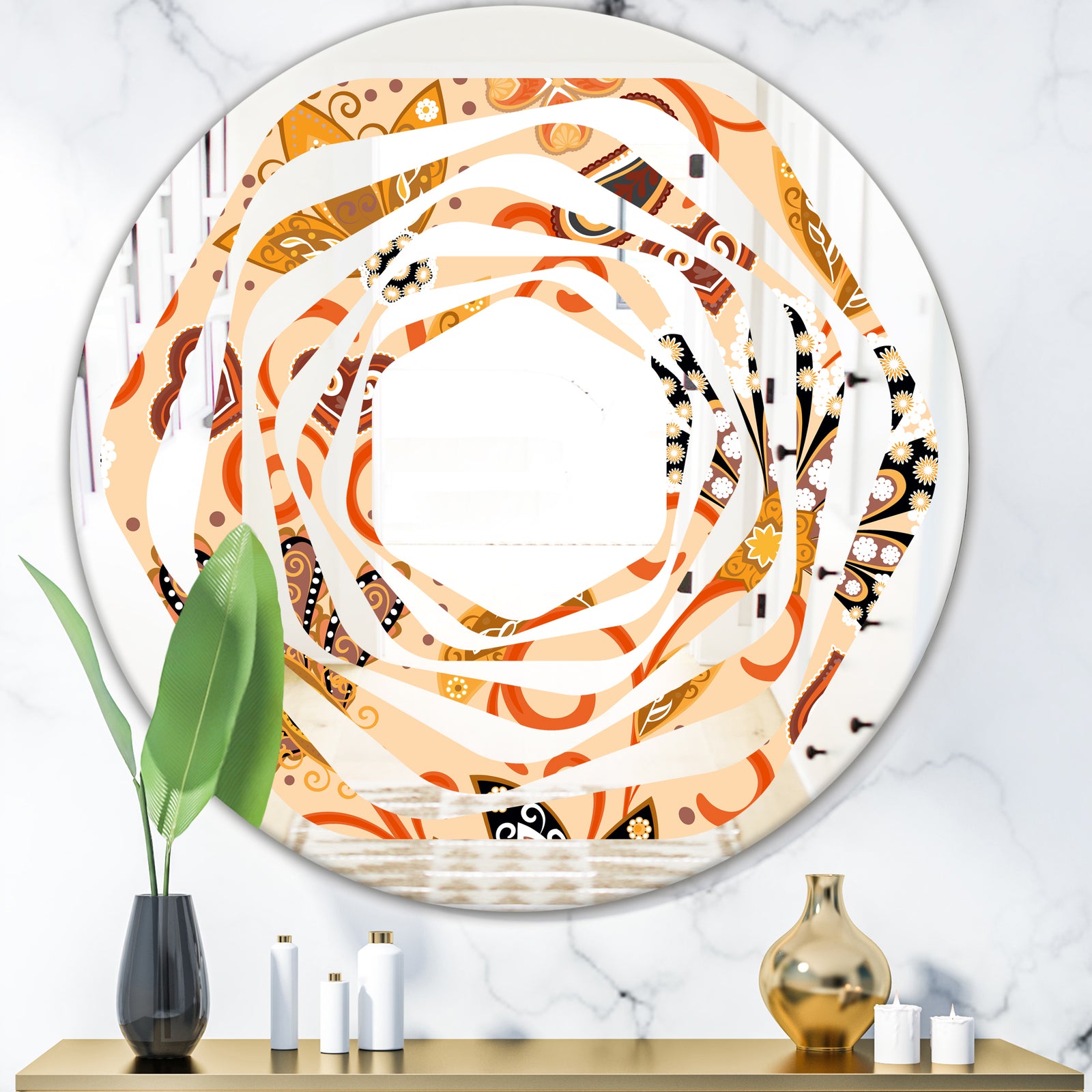 Retro Indian Floral Batik III - Modern Round or Oval Wall Mirror - Whirl