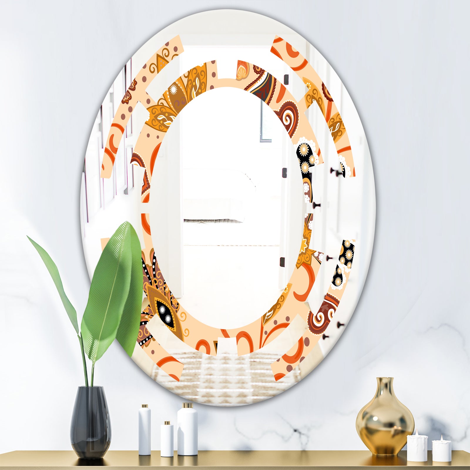 Retro Indian Floral Batik III - Modern Round or Oval Wall Mirror - Space
