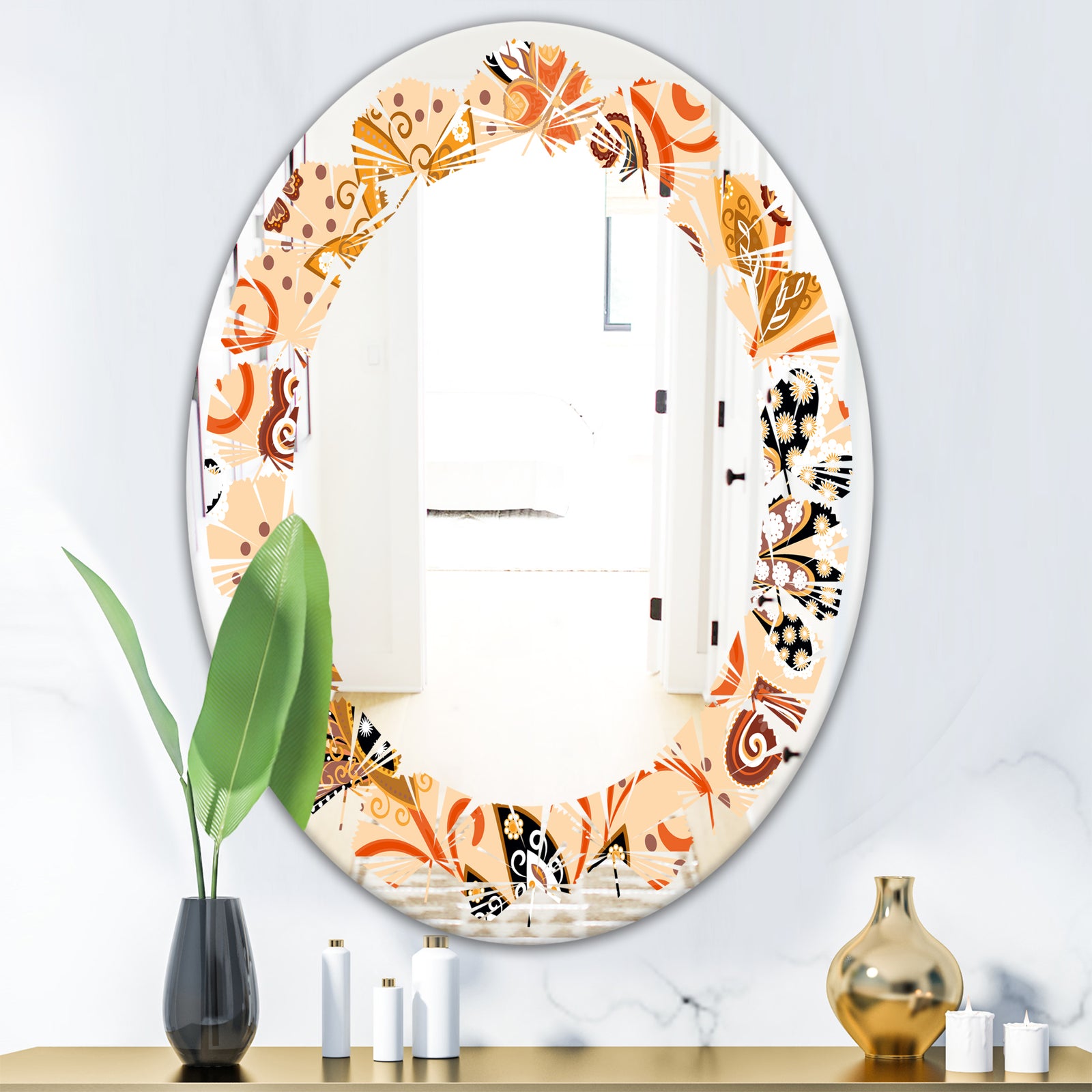 Retro Indian Floral Batik III - Modern Round or Oval Wall Mirror - Leaves