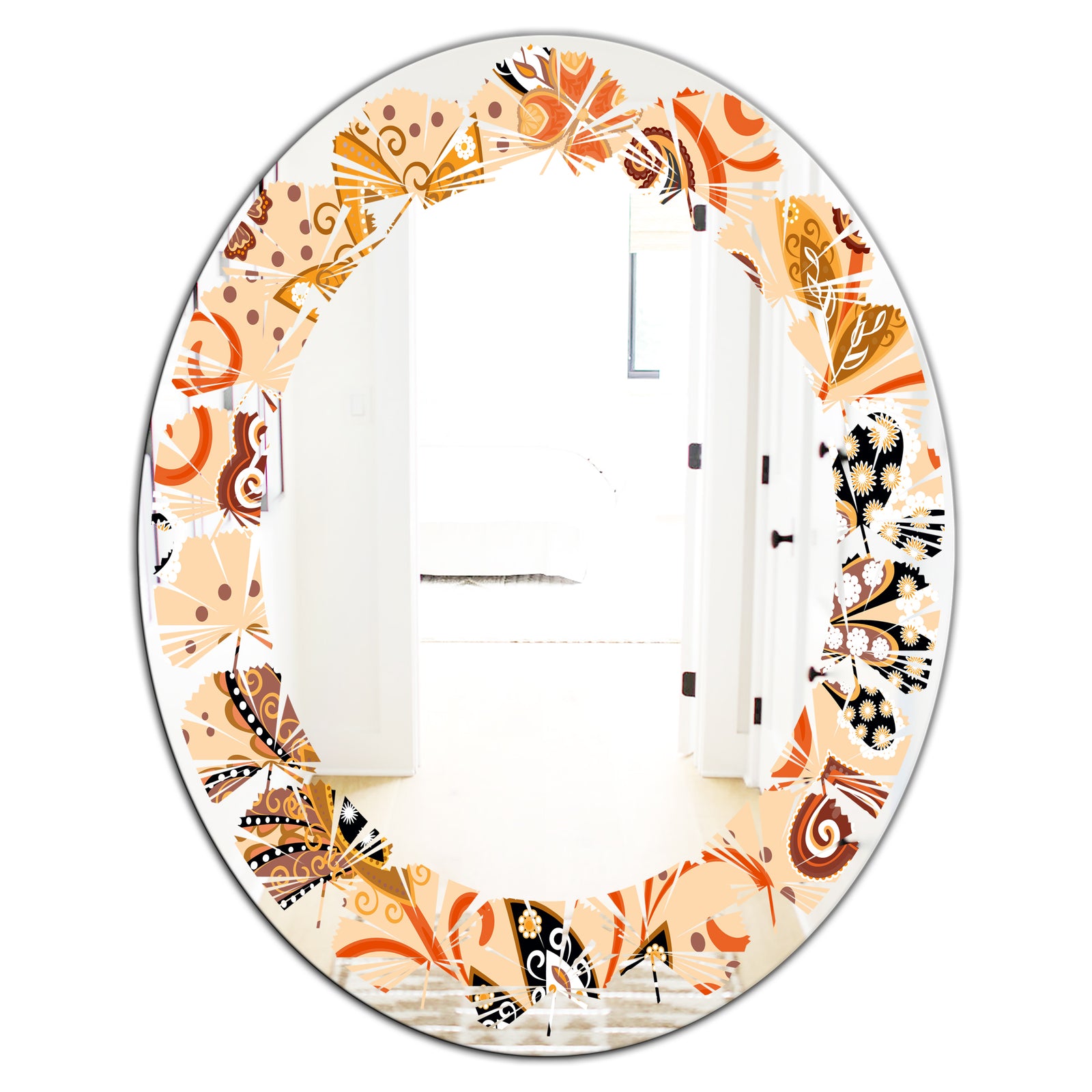 Retro Indian Floral Batik III - Modern Round or Oval Wall Mirror - Leaves