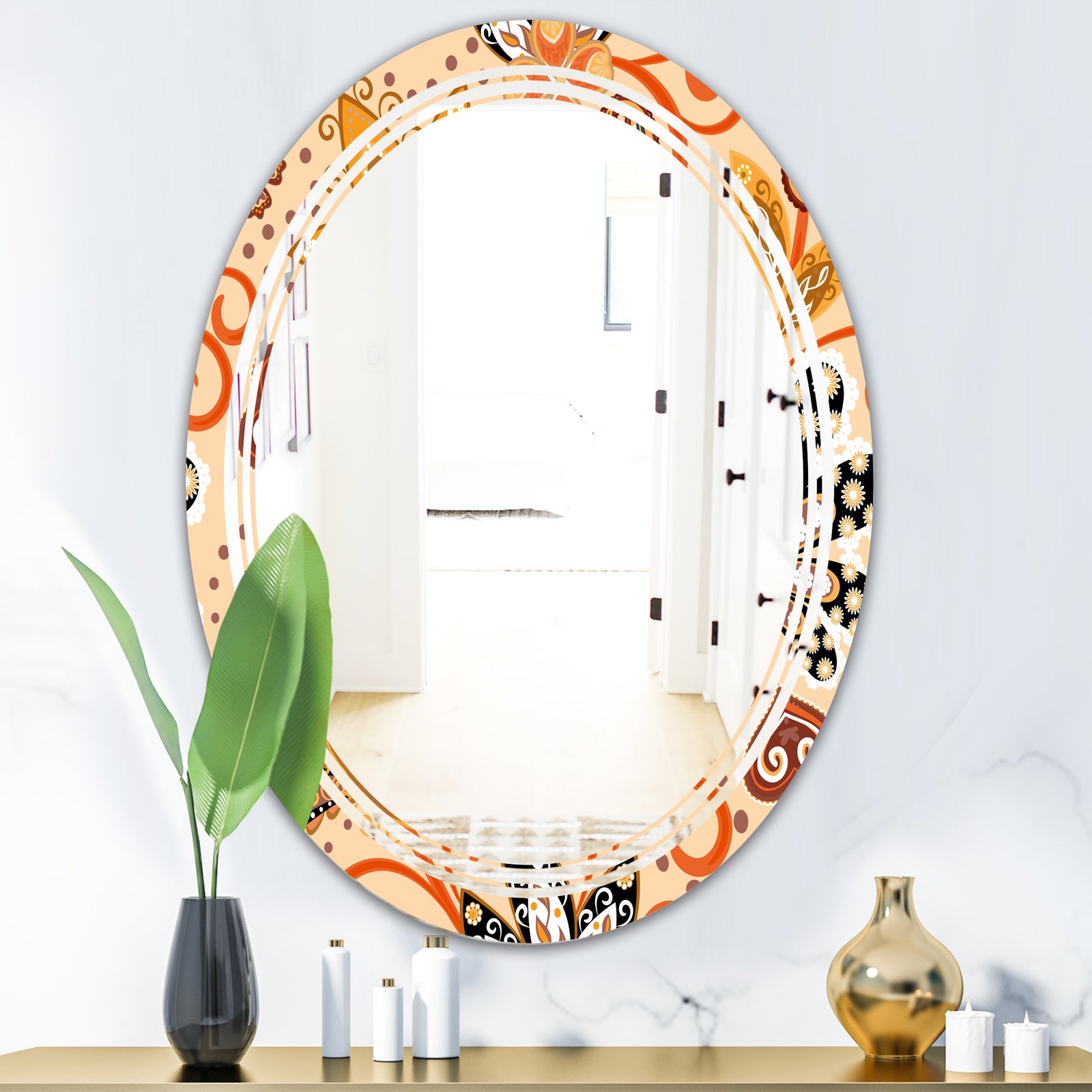 Retro Indian Floral Batik III - Modern Round or Oval Wall Mirror - Triple C