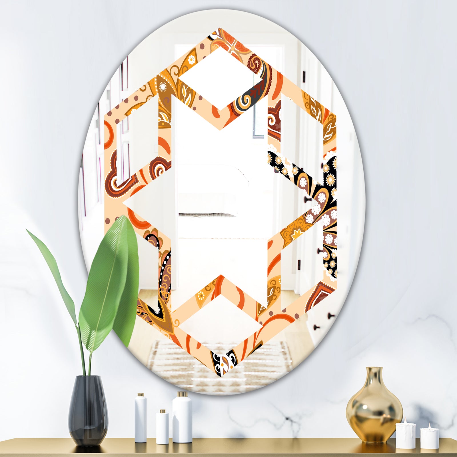 Retro Indian Floral Batik III - Modern Round or Oval Wall Mirror - Hexagon Star