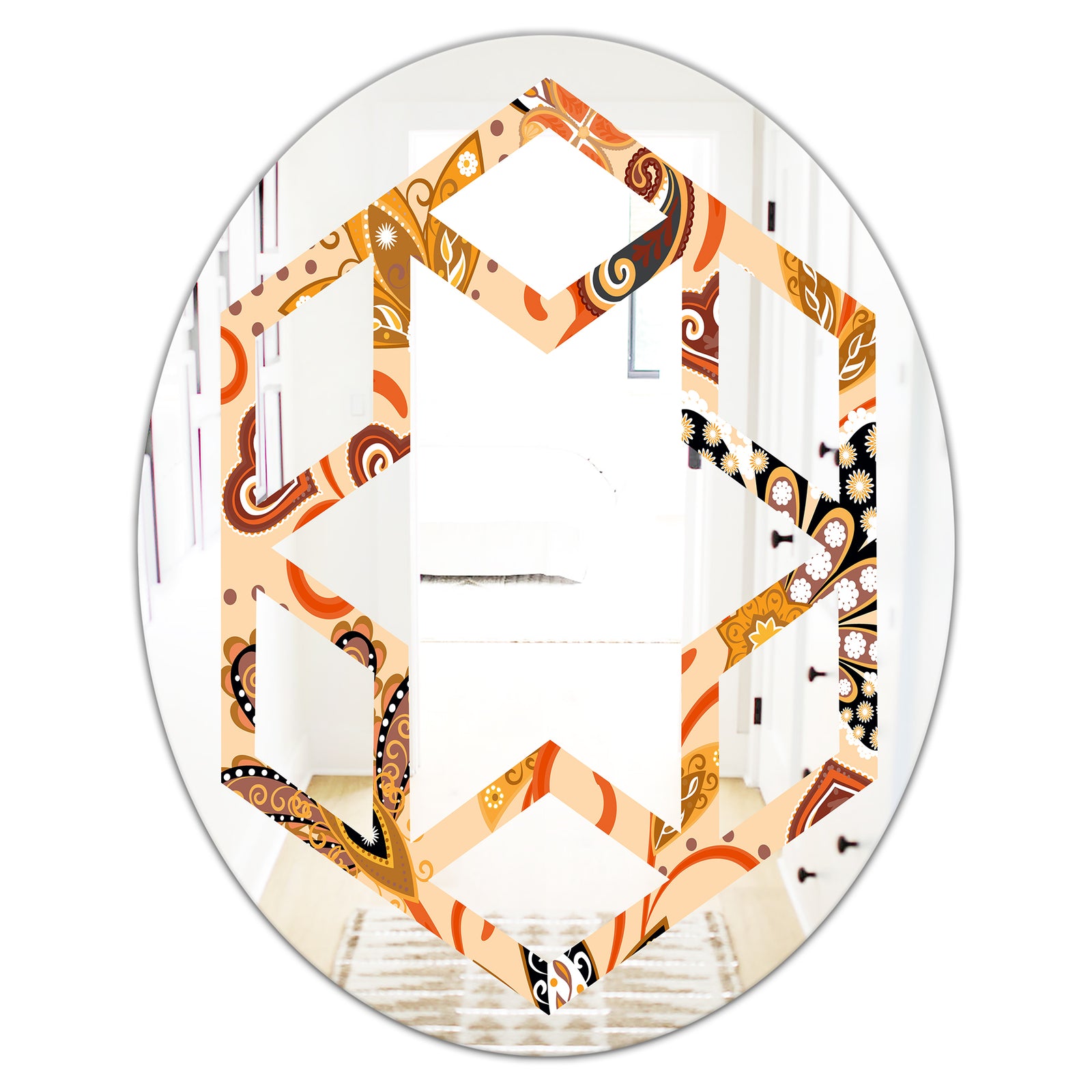 Retro Indian Floral Batik III - Modern Round or Oval Wall Mirror - Hexagon Star