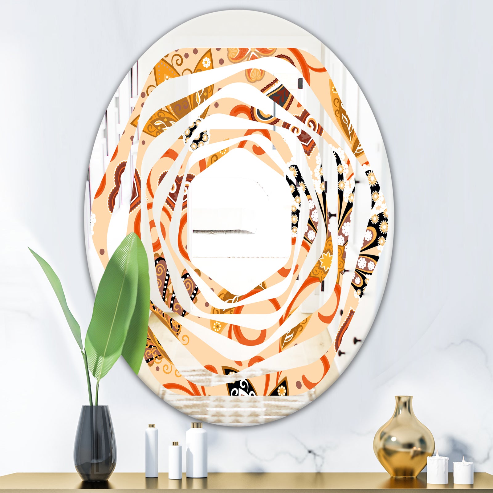 Retro Indian Floral Batik III - Modern Round or Oval Wall Mirror - Whirl