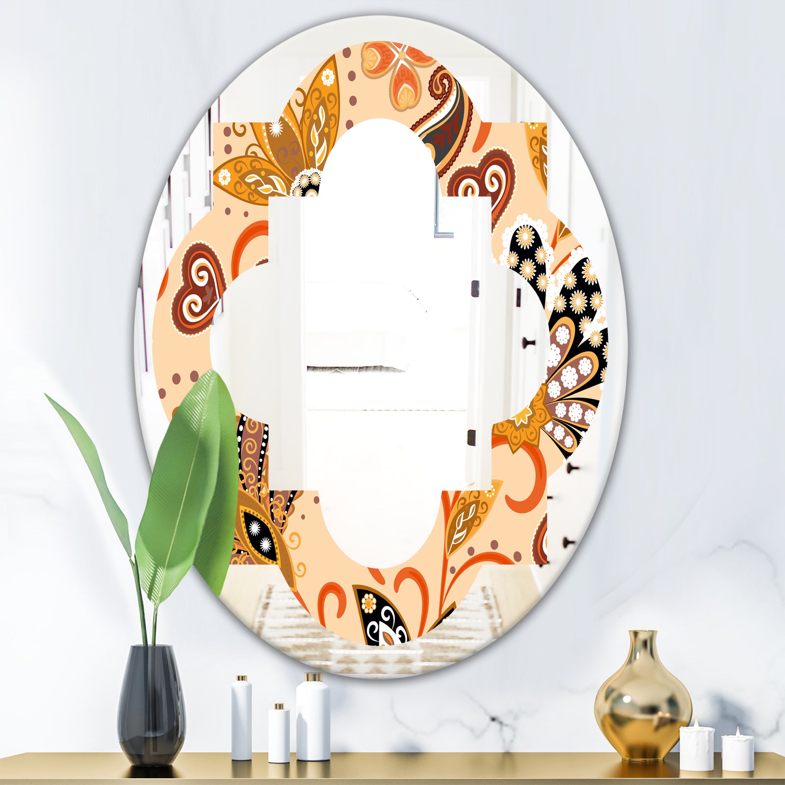 Retro Indian Floral Batik III - Modern Round or Oval Wall Mirror - Quatrefoil