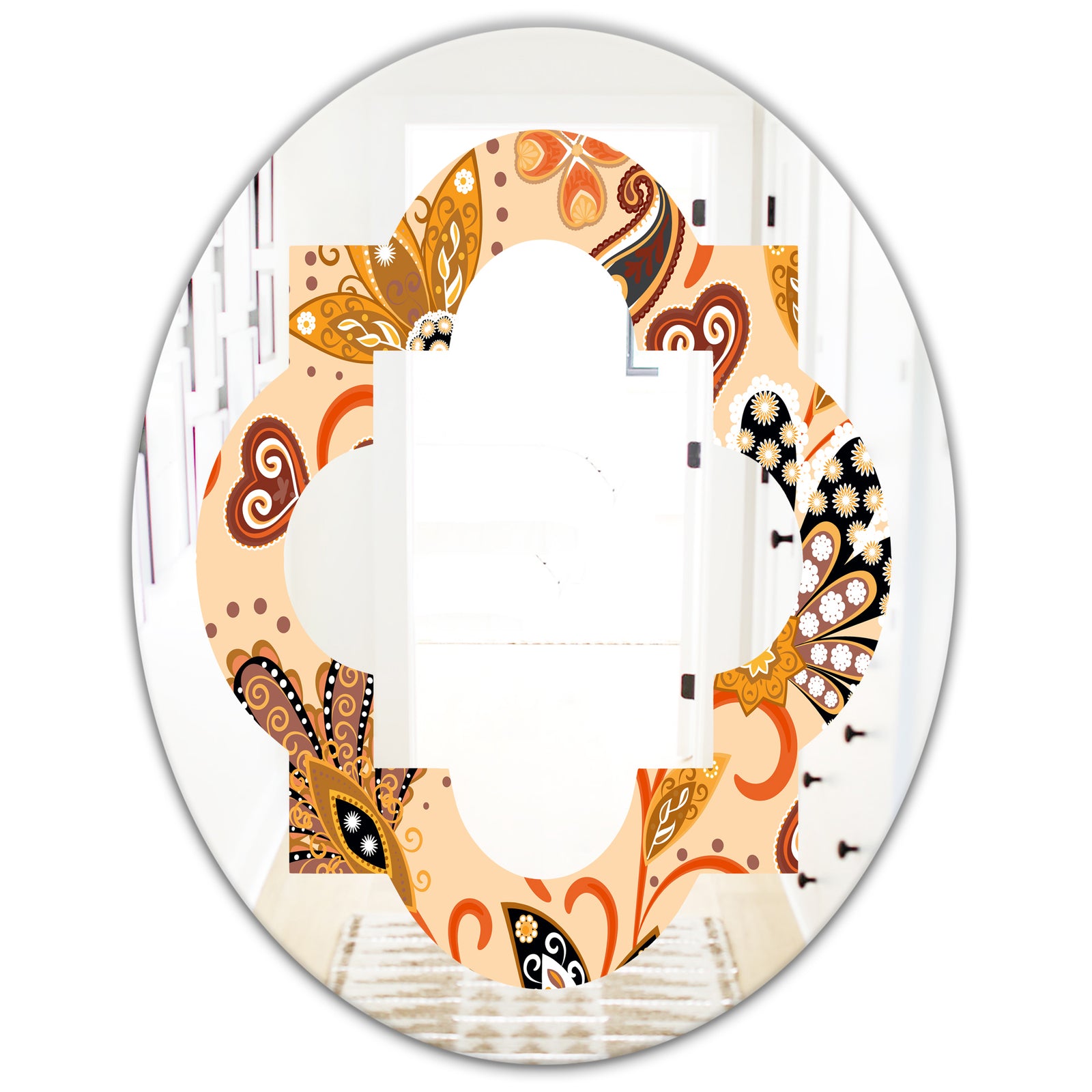 Retro Indian Floral Batik III - Modern Round or Oval Wall Mirror - Quatrefoil