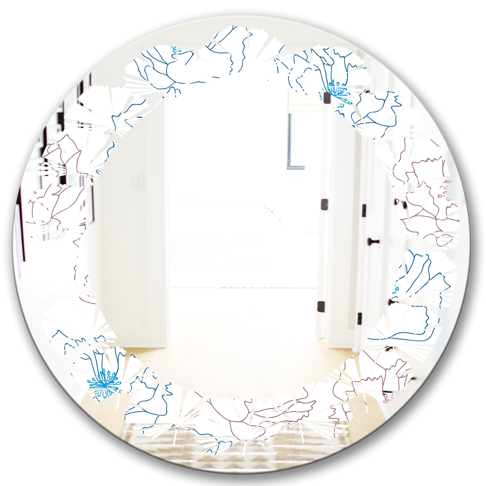 Retro Handdrawn Poppies I - Modern Round or Oval Wall Mirror - Leaves