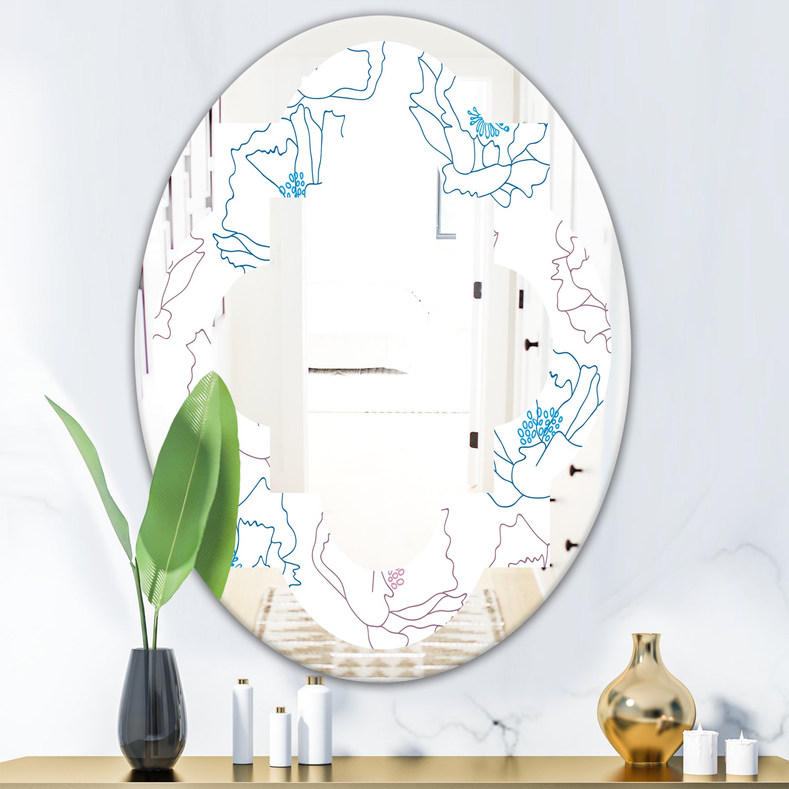 Retro Handdrawn Poppies I - Modern Round or Oval Wall Mirror - Quatrefoil