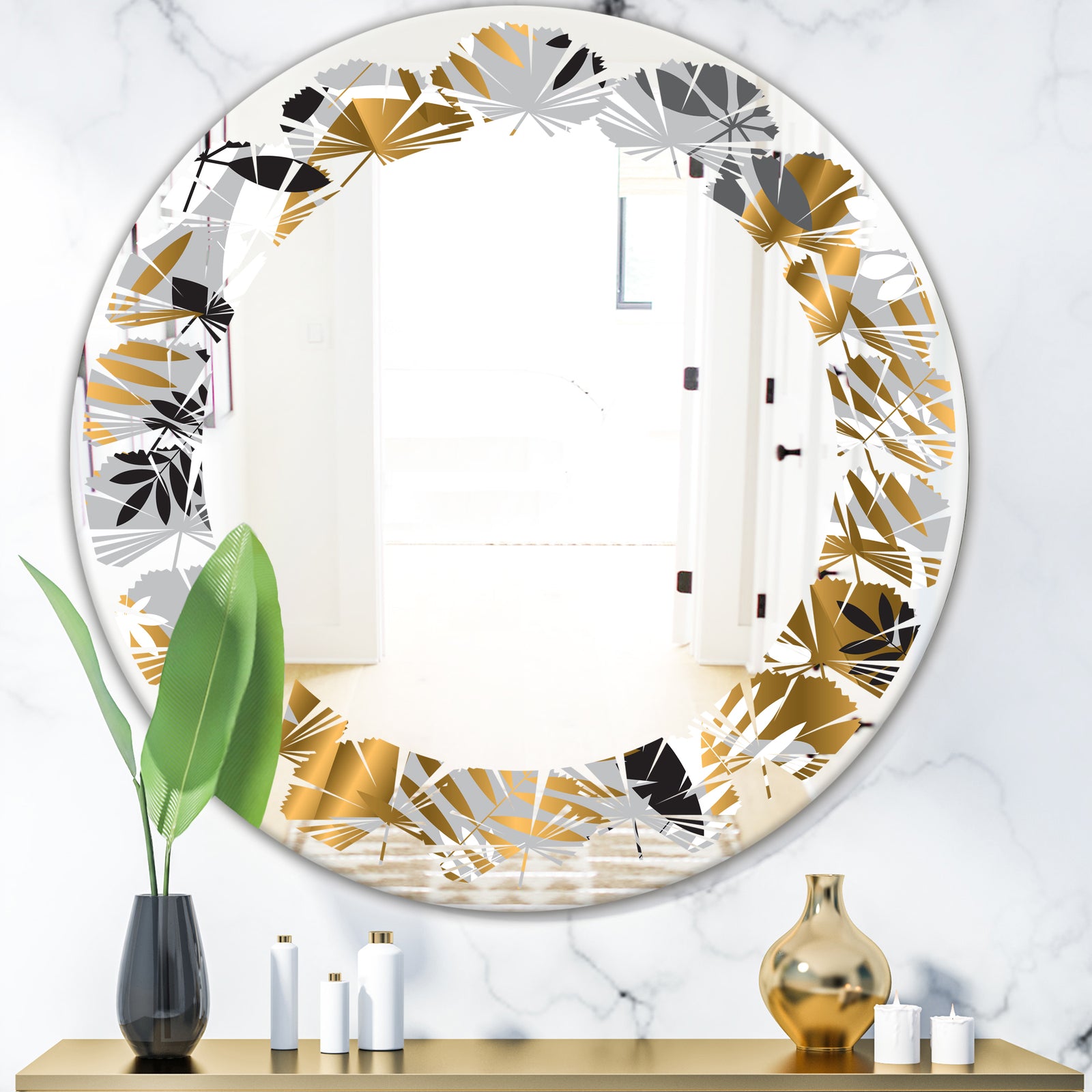 Geometric luxury jungle foliage pattern - Modern Round or Oval Wall Mirror - Leaves