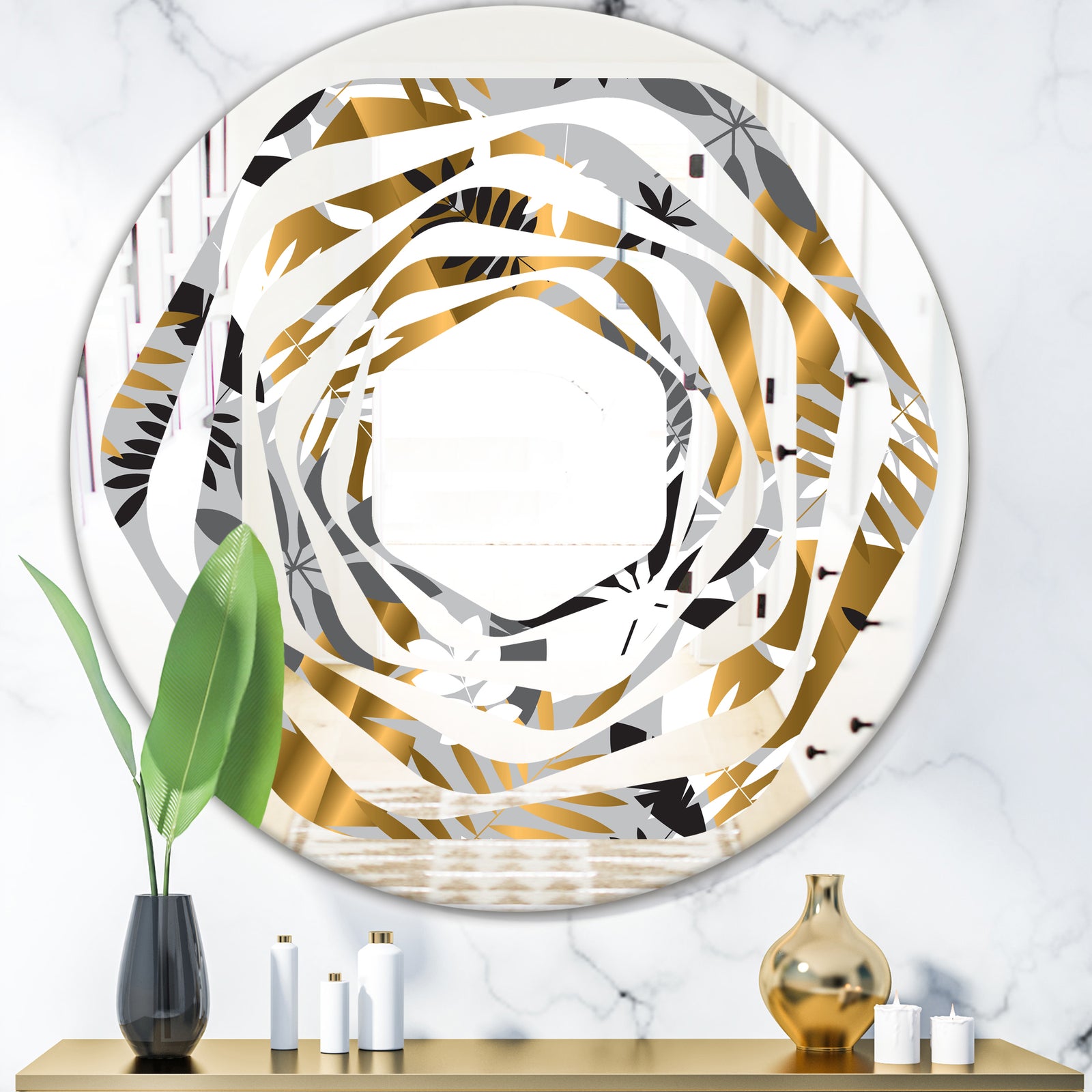 Geometric luxury jungle foliage pattern - Modern Round or Oval Wall Mirror - Whirl