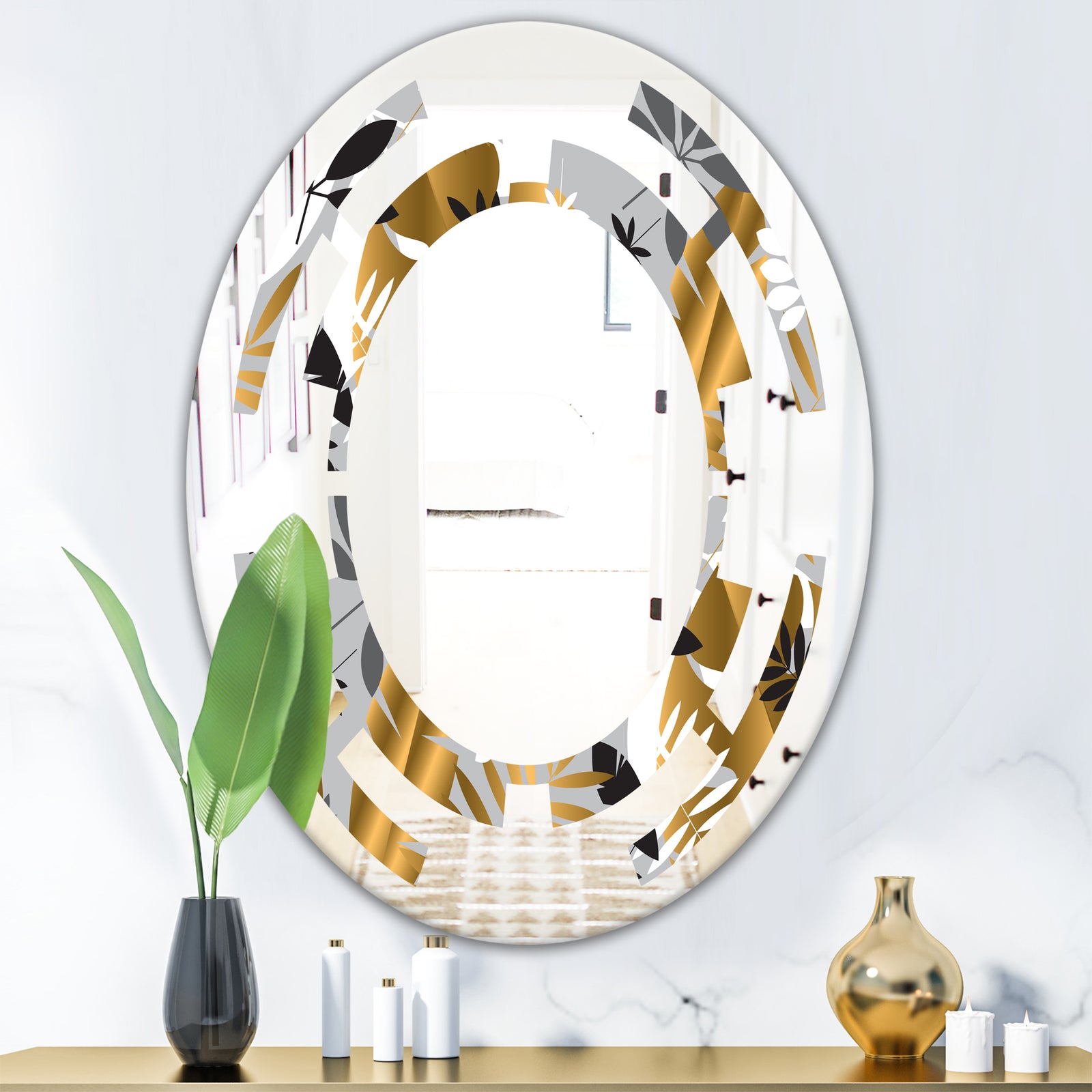 Geometric luxury jungle foliage pattern - Modern Round or Oval Wall Mirror - Space