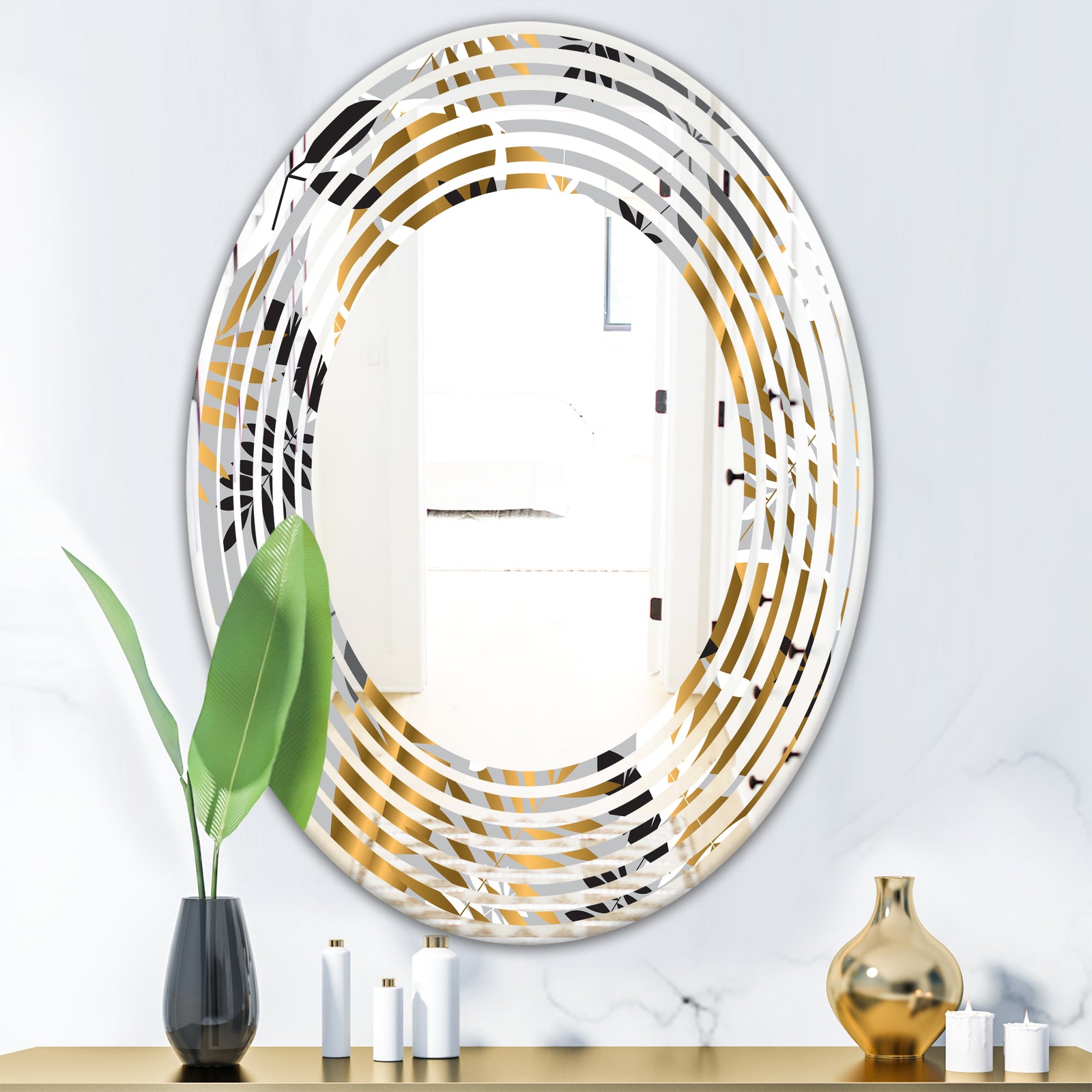 Geometric luxury jungle foliage pattern - Modern Round or Oval Wall Mirror - Wave