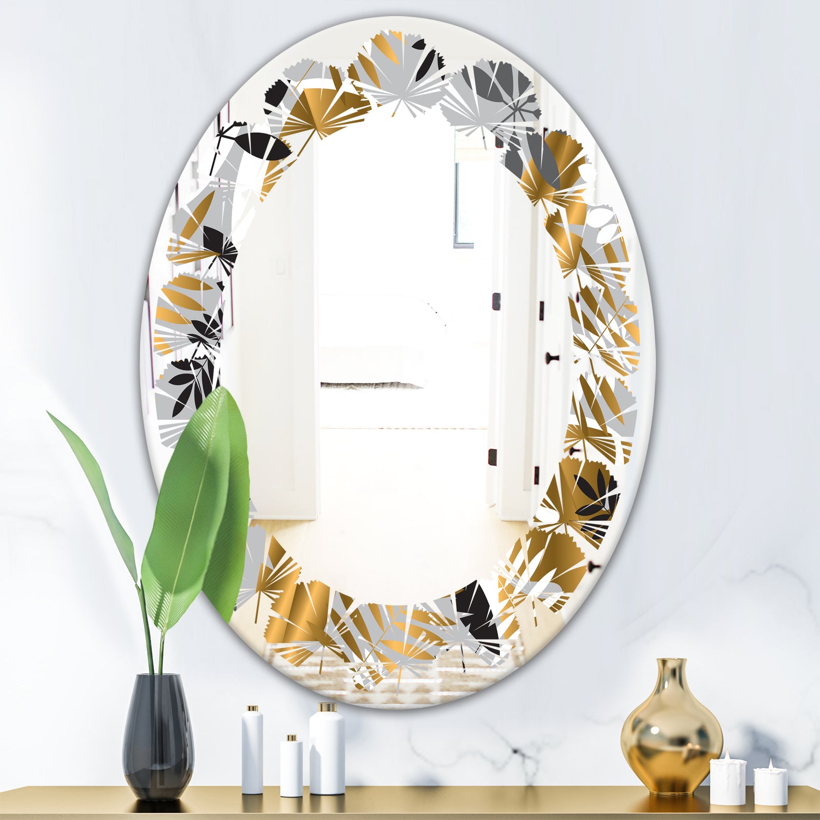 Geometric luxury jungle foliage pattern - Modern Round or Oval Wall Mirror - Leaves