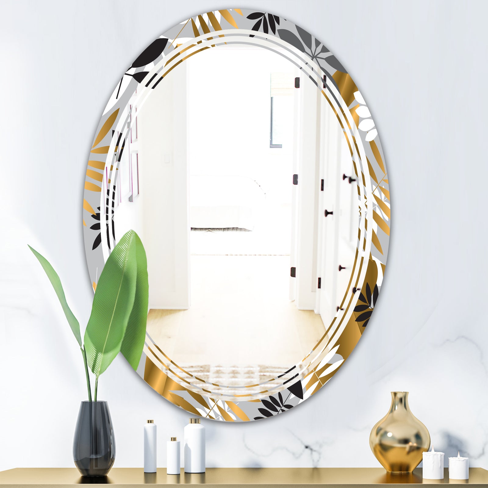 Geometric luxury jungle foliage pattern - Modern Round or Oval Wall Mirror - Triple C