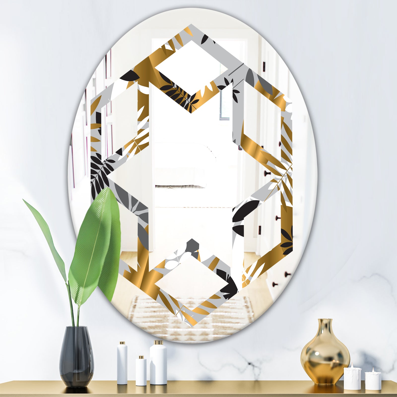 Geometric luxury jungle foliage pattern - Modern Round or Oval Wall Mirror - Hexagon Star