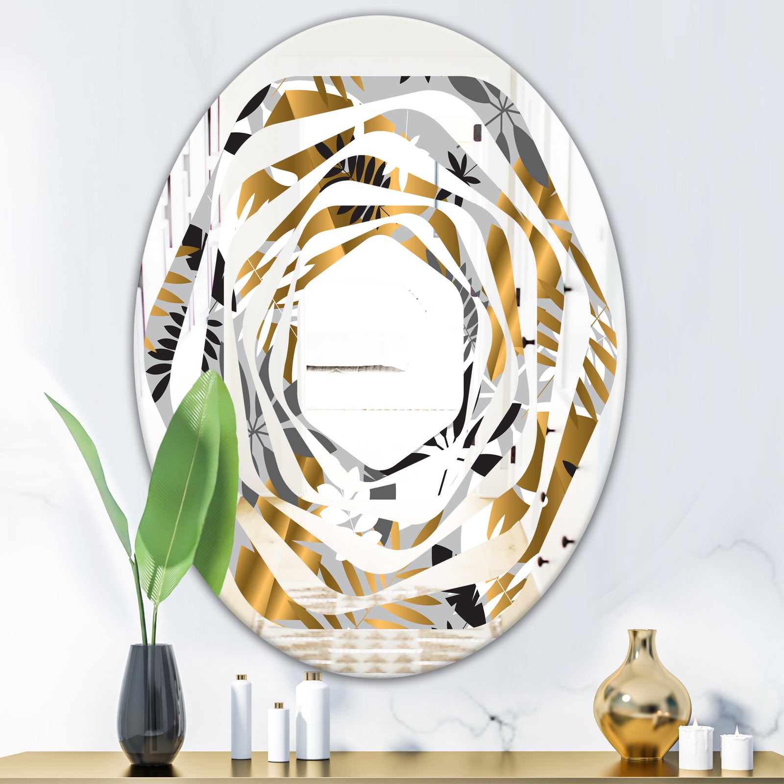 Geometric luxury jungle foliage pattern - Modern Round or Oval Wall Mirror - Whirl