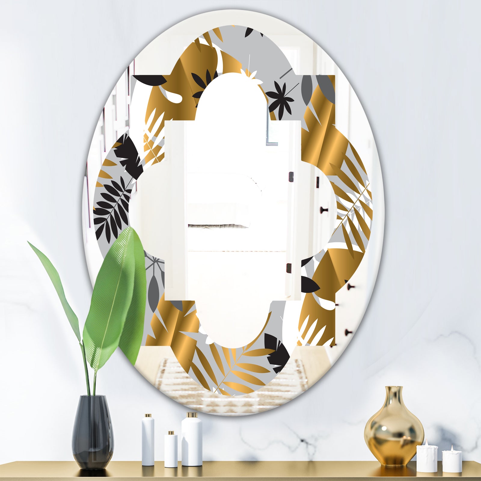 Geometric luxury jungle foliage pattern - Modern Round or Oval Wall Mirror - Quatrefoil