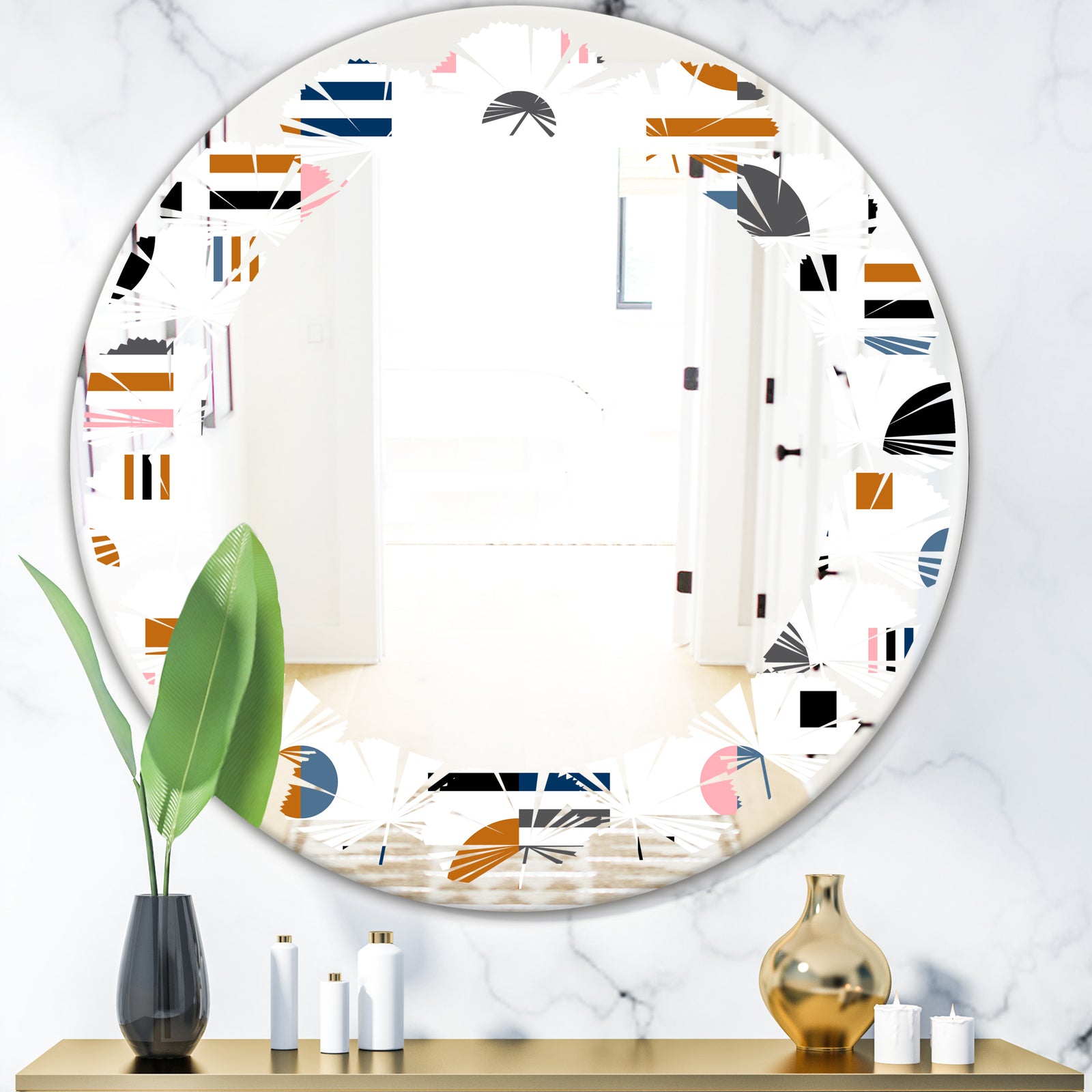 Retro Abstract Design XI - Modern Round or Oval Wall Mirror - Leaves