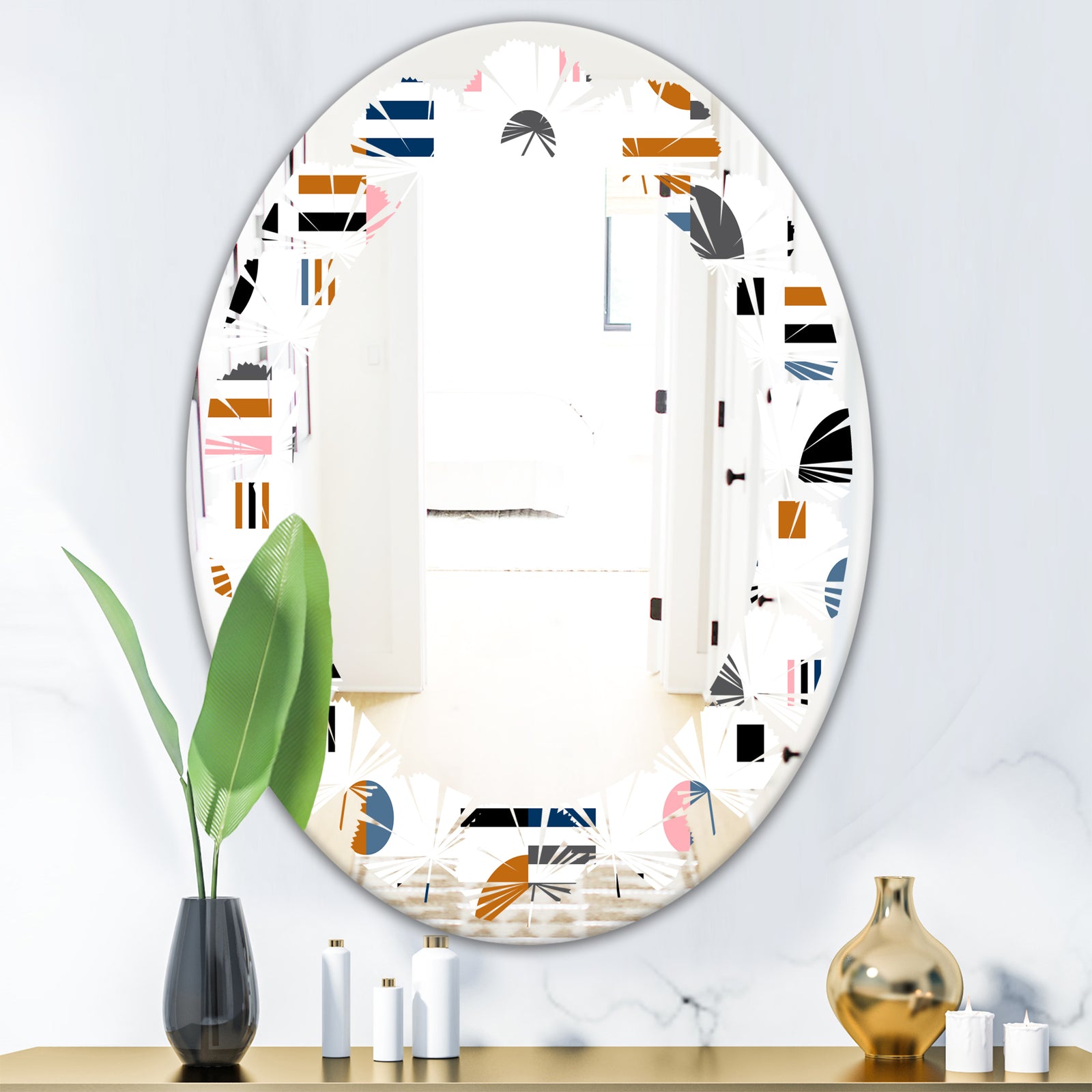 Retro Abstract Design XI - Modern Round or Oval Wall Mirror - Leaves