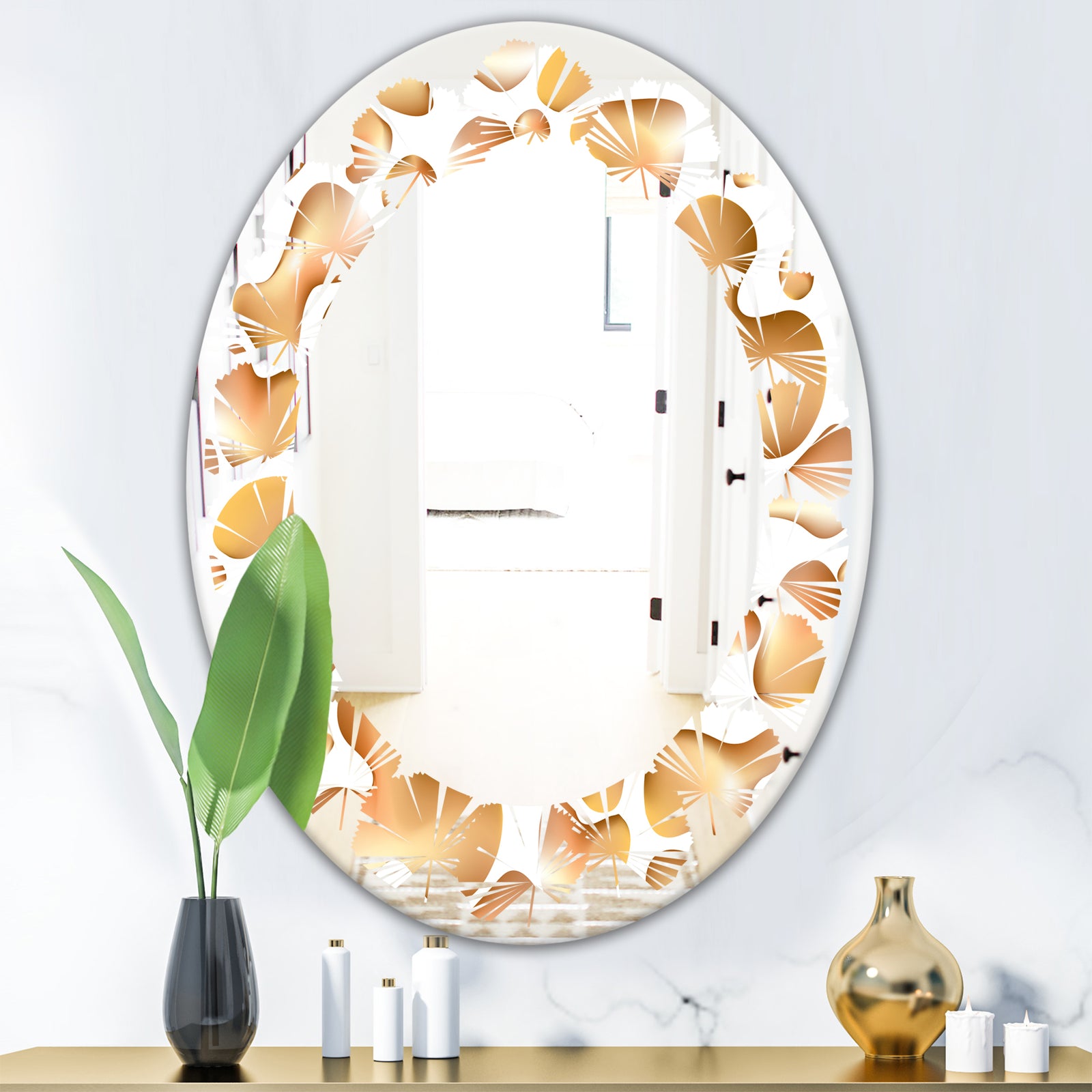 Liquid Gold I - Modern Round or Oval Wall Mirror - Leaves