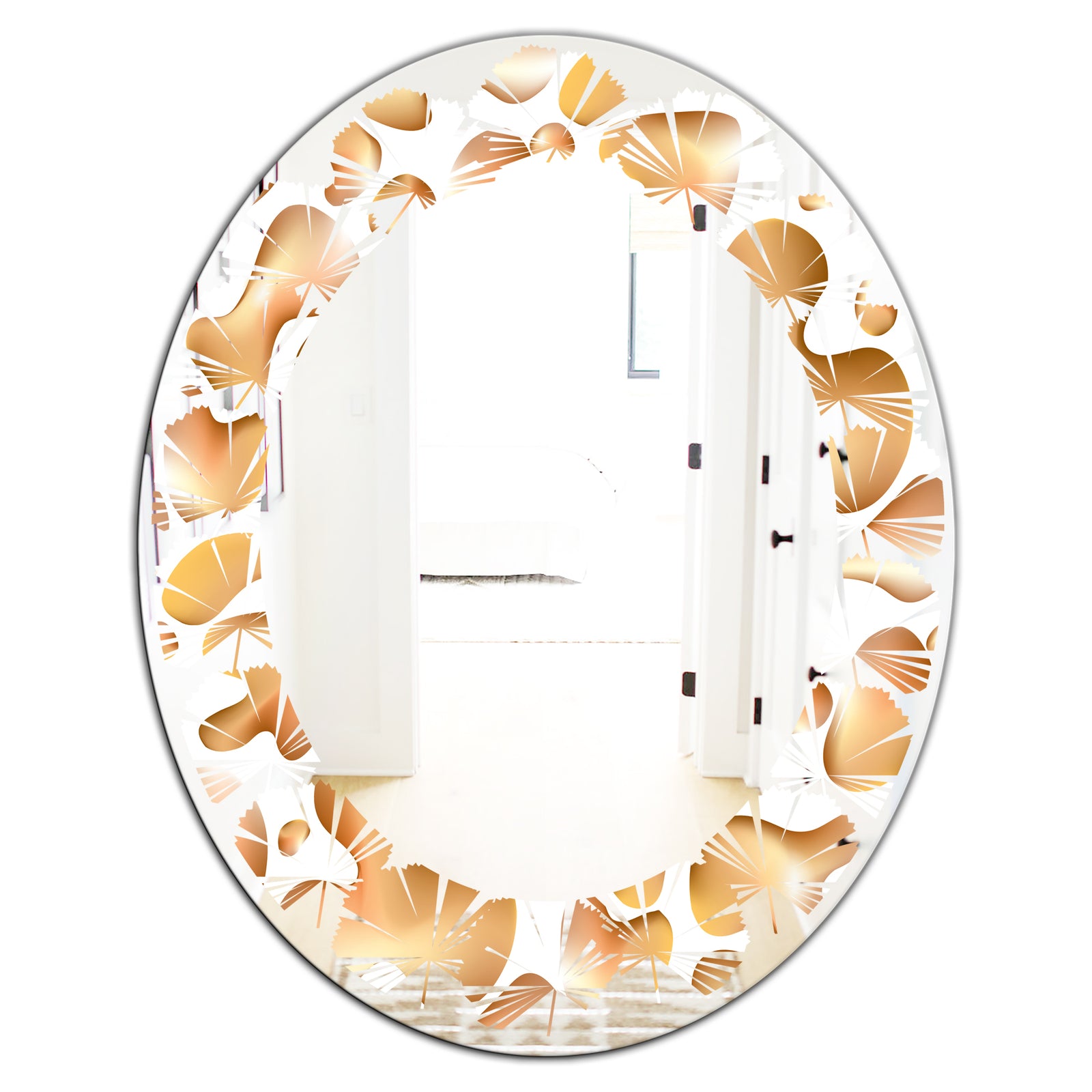Liquid Gold I - Modern Round or Oval Wall Mirror - Leaves