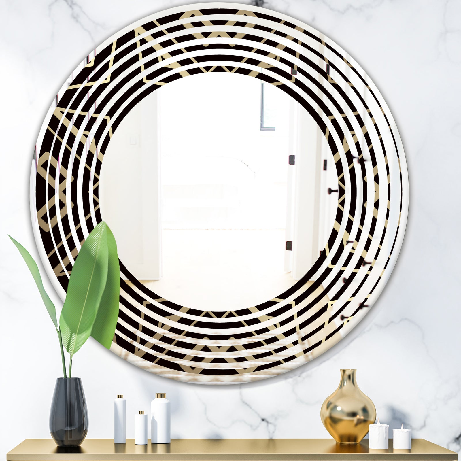 Gold and Black Art Deco Pattern - Modern Round or Oval Wall Mirror - Wave