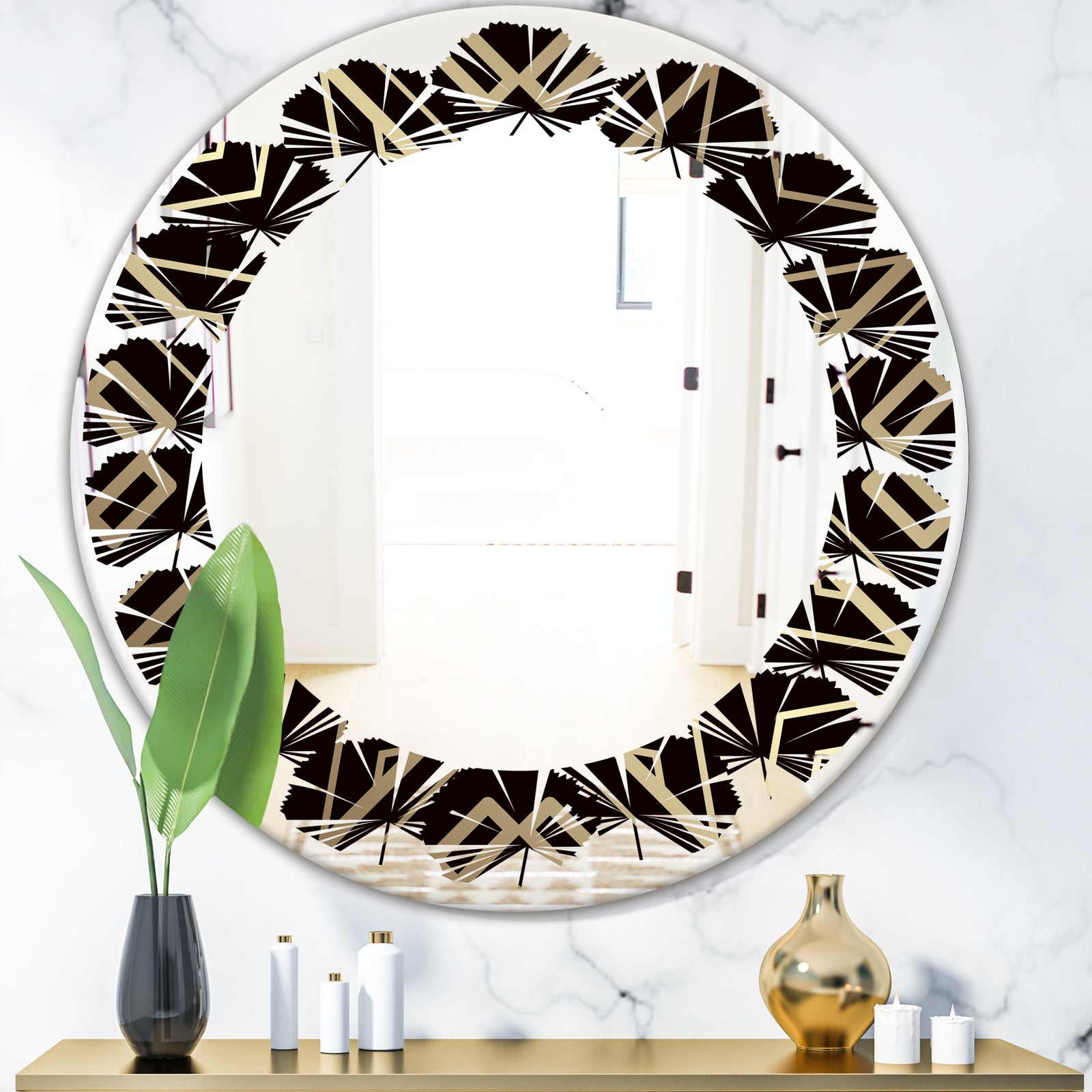 Gold and Black Art Deco Pattern - Modern Round or Oval Wall Mirror - Leaves
