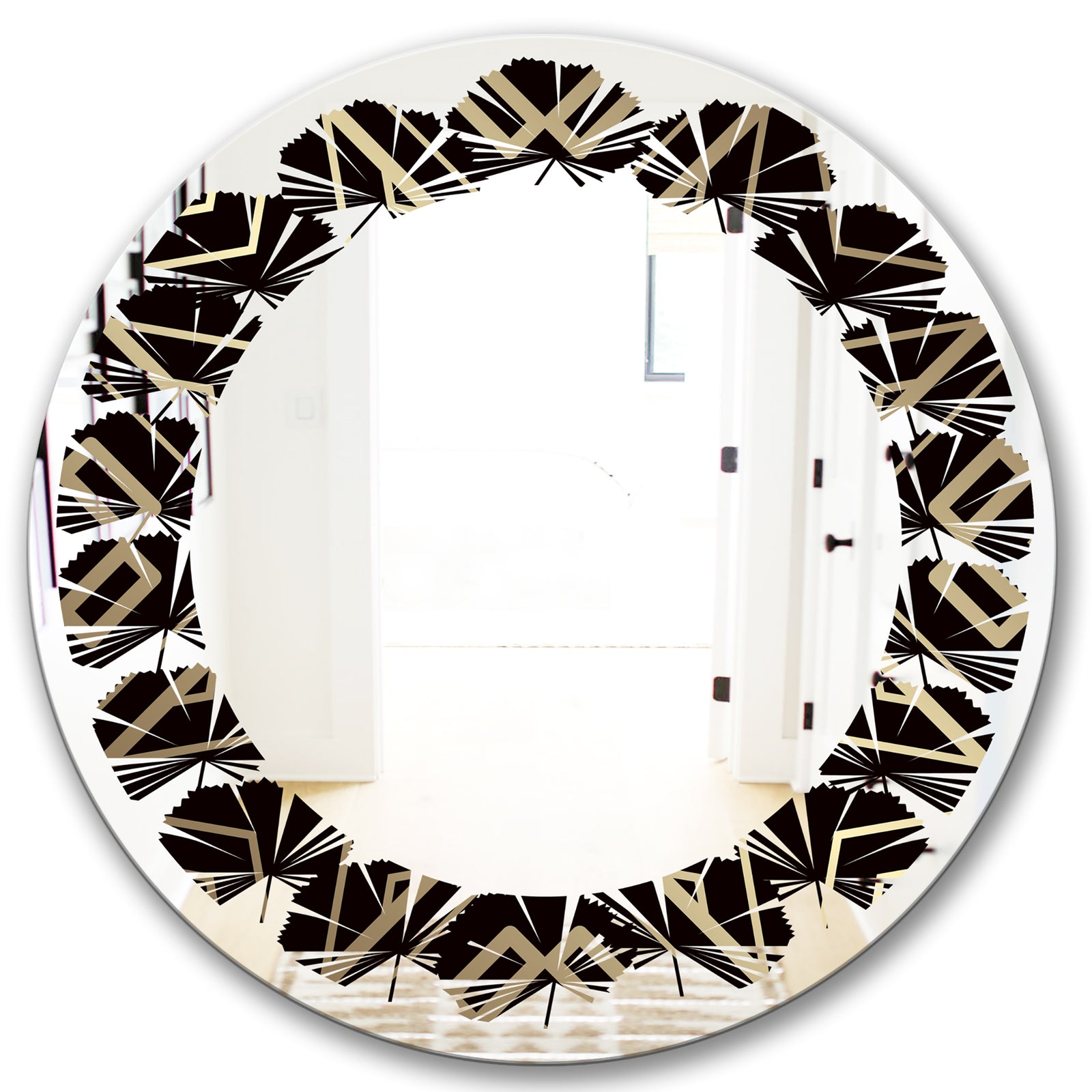 Gold and Black Art Deco Pattern - Modern Round or Oval Wall Mirror - Leaves