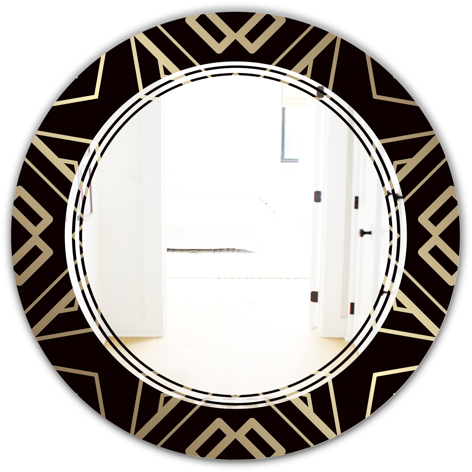 Gold and Black Art Deco Pattern - Modern Round or Oval Wall Mirror - Triple C