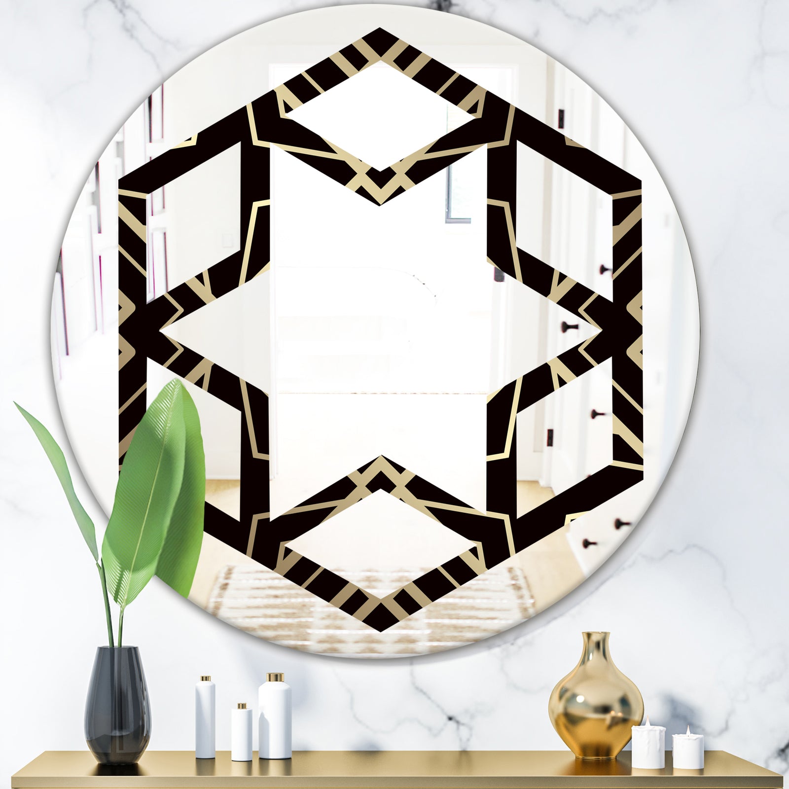 Gold and Black Art Deco Pattern - Modern Round or Oval Wall Mirror - Hexagon Star