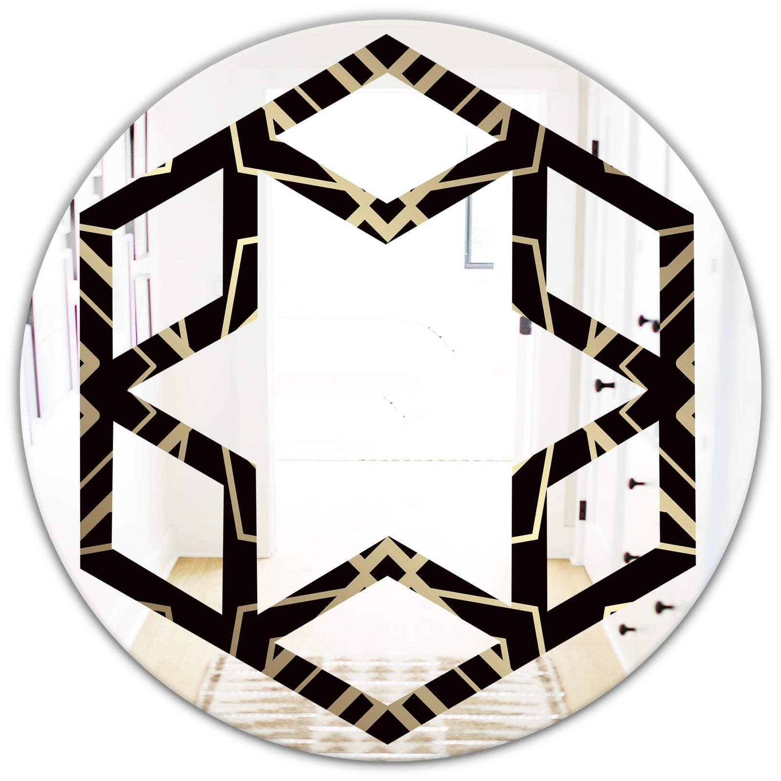 Gold and Black Art Deco Pattern - Modern Round or Oval Wall Mirror - Hexagon Star