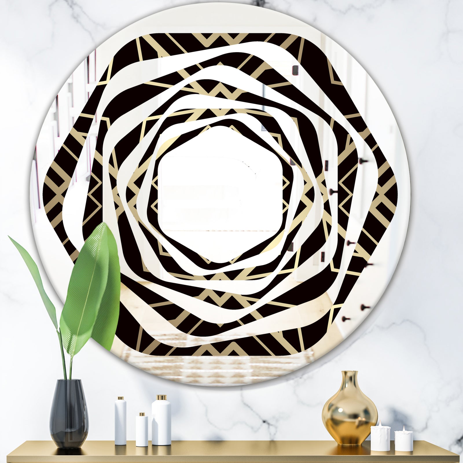 Gold and Black Art Deco Pattern - Modern Round or Oval Wall Mirror - Whirl