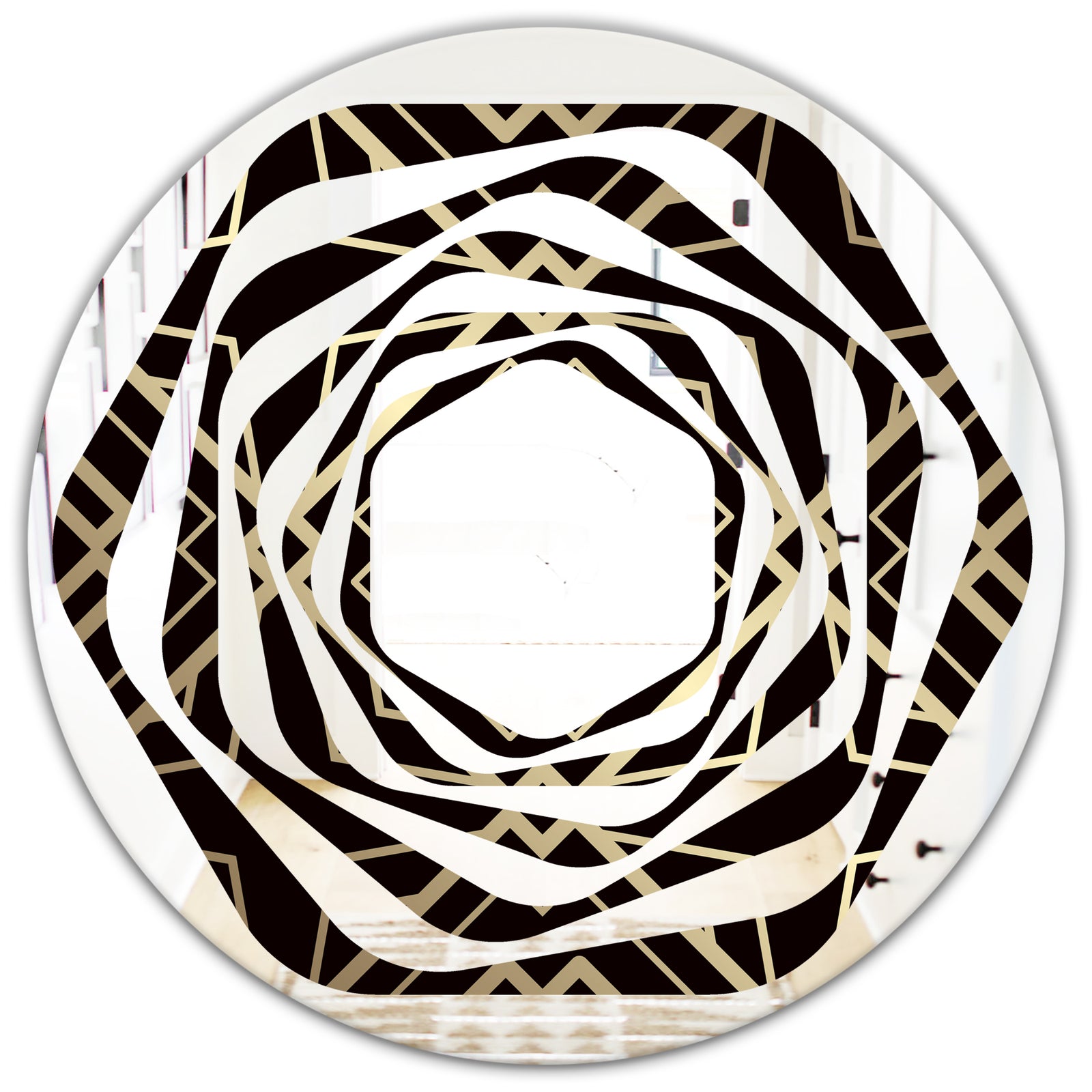 Gold and Black Art Deco Pattern - Modern Round or Oval Wall Mirror - Whirl